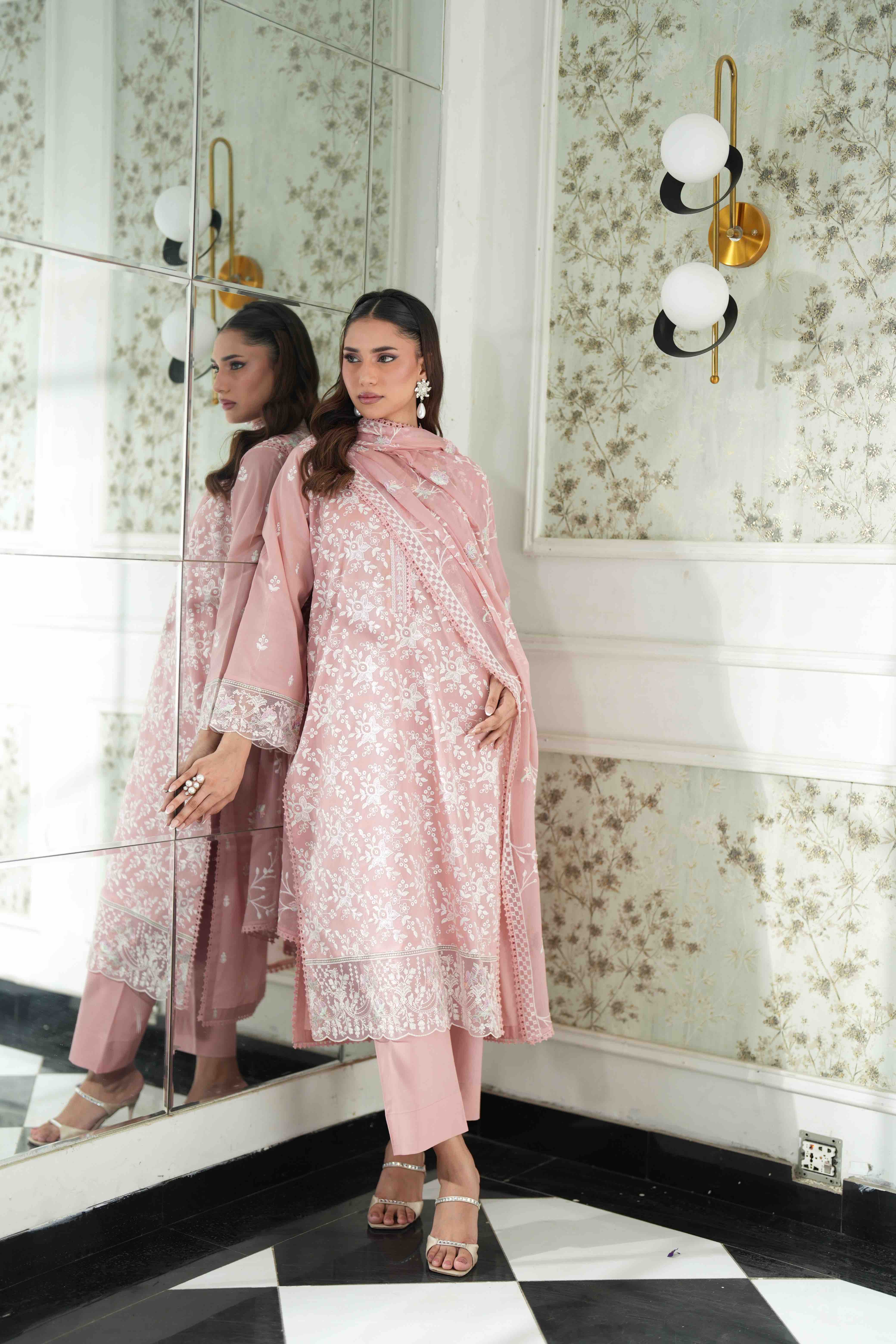 Jugnu Blush Pink, Embroidered Lawn 3 Piece