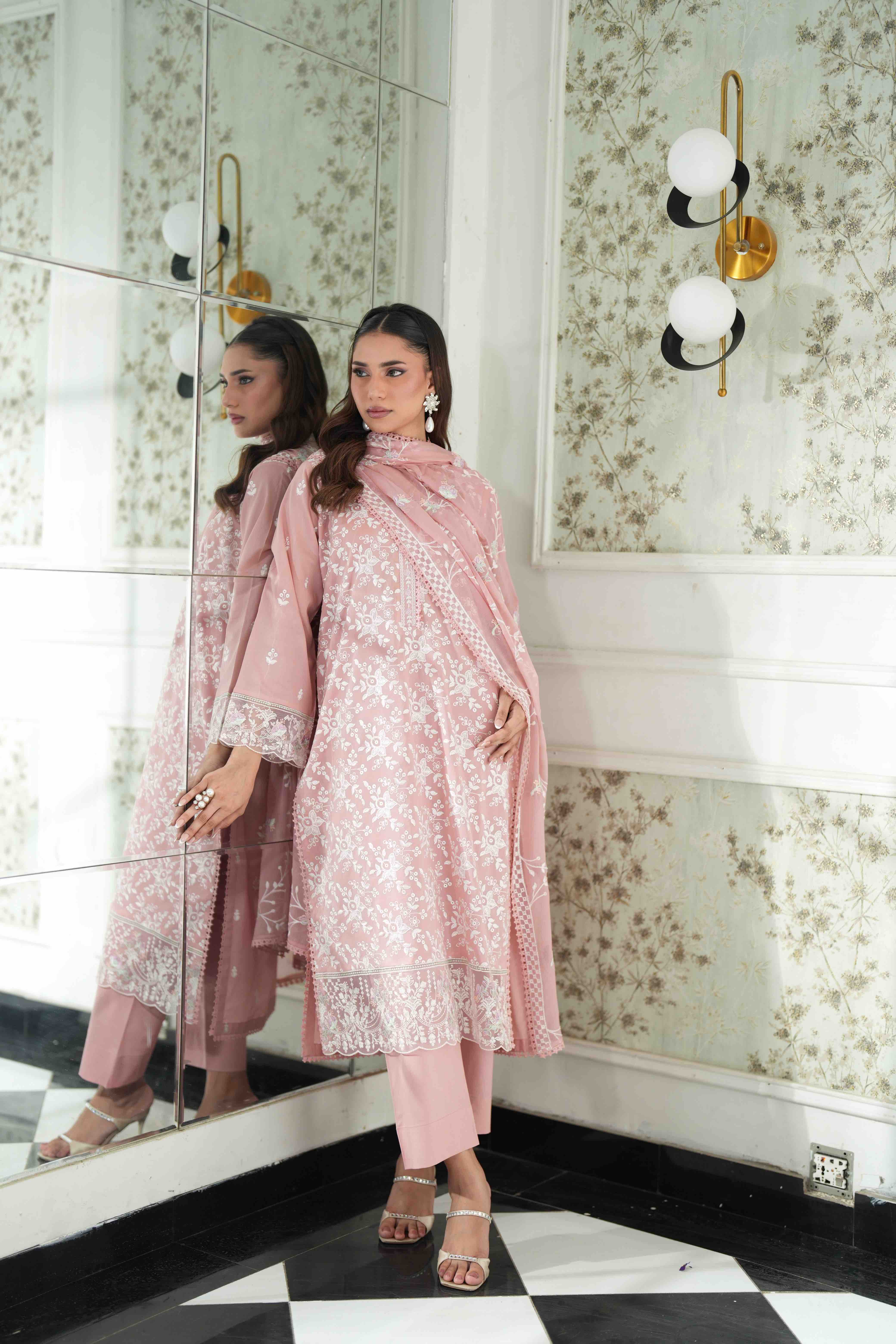Jugnu Blush Pink, Embroidered Lawn 3 Piece