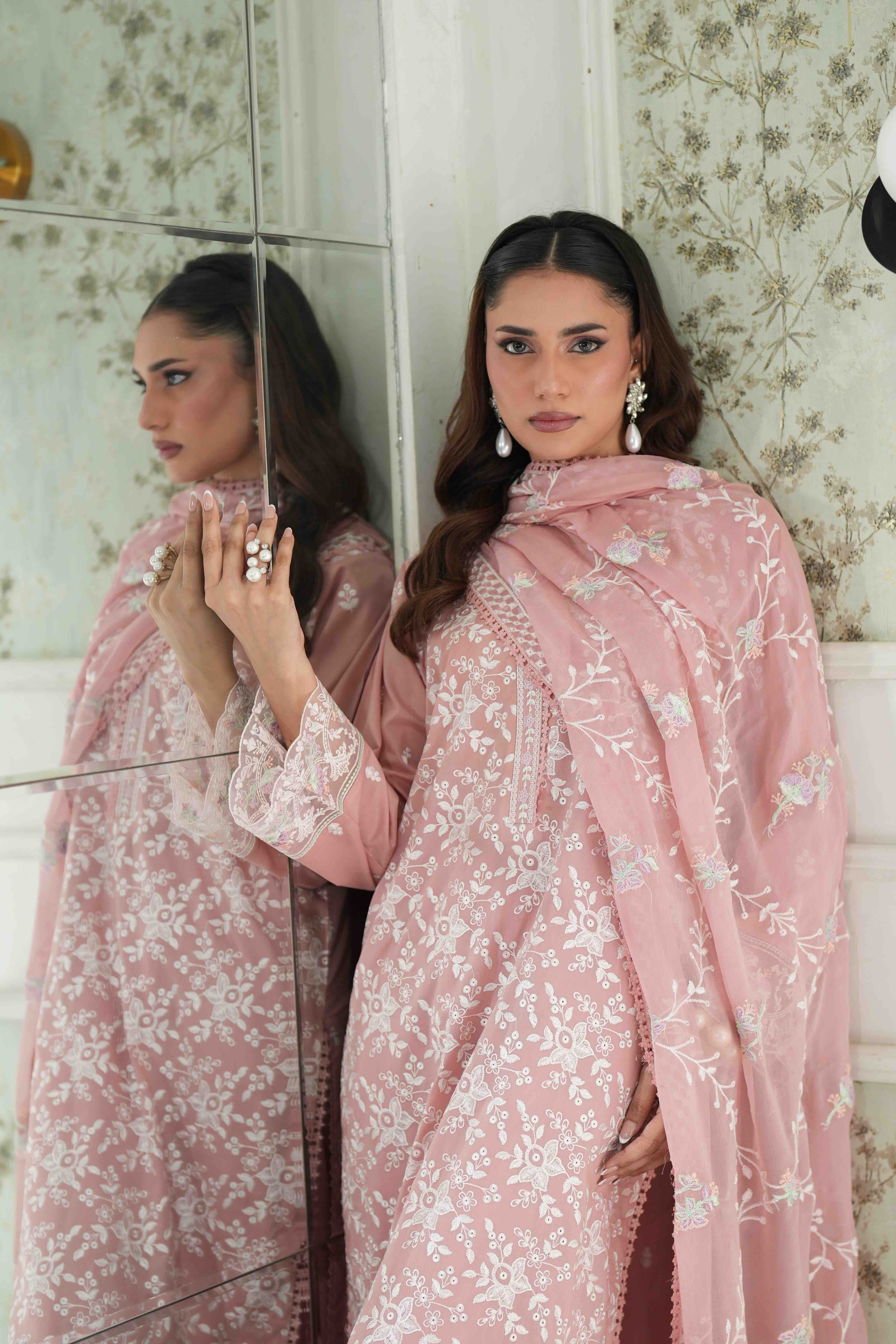 Jugnu Blush Pink, Embroidered Lawn 3 Piece