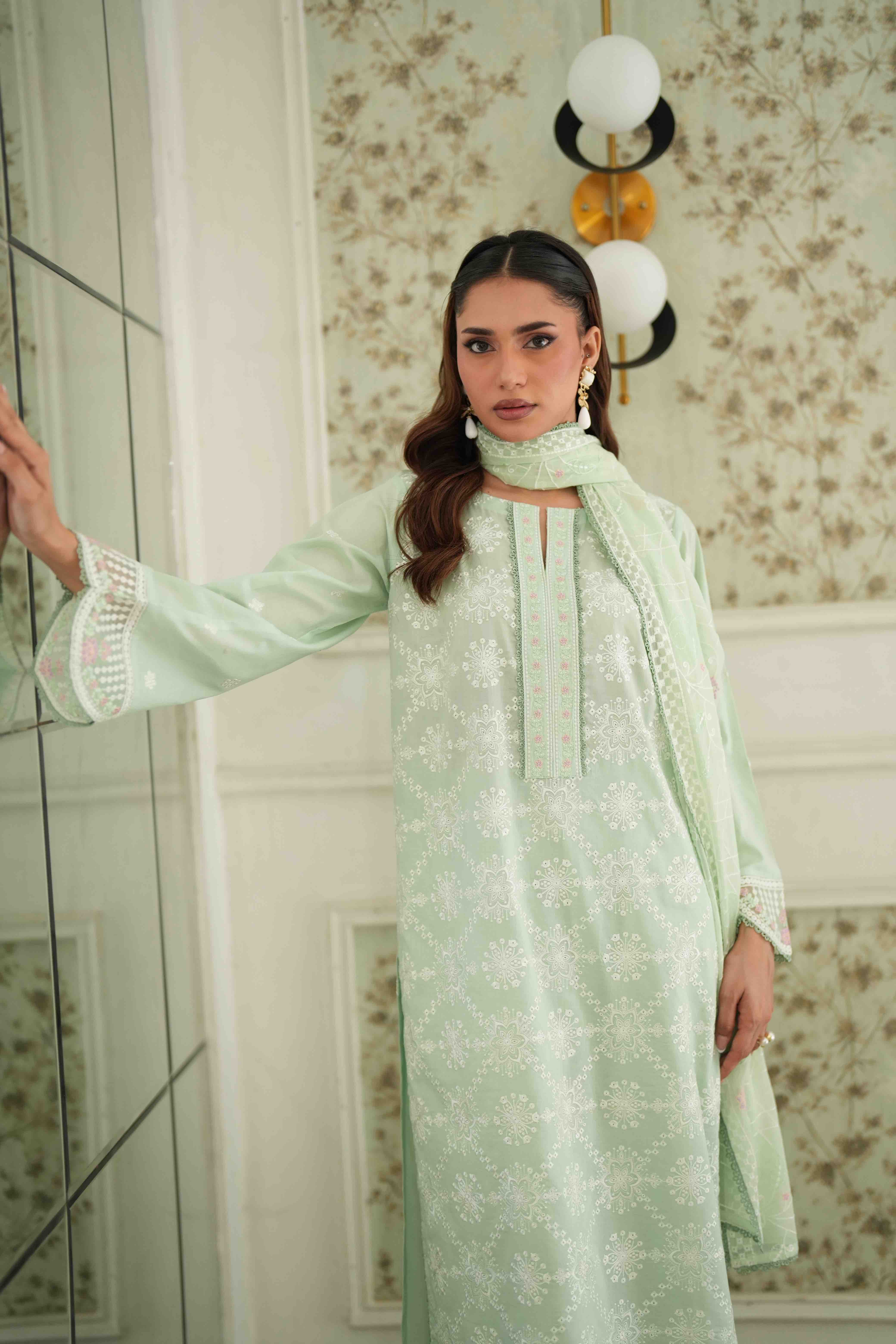 Jugnu Pista Green, Embroidered Lawn 3 Piece