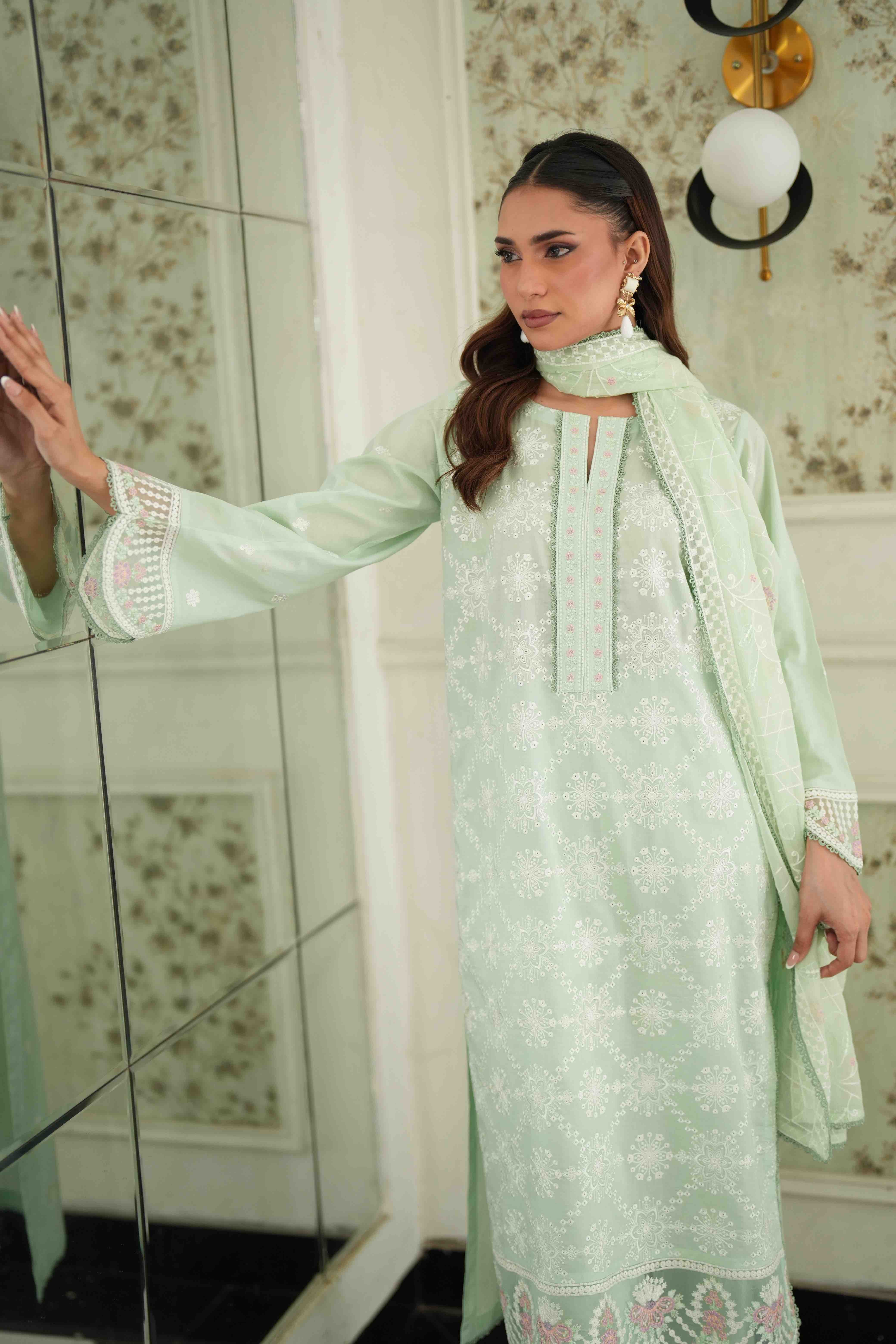 Jugnu Pista Green, Embroidered Lawn 3 Piece