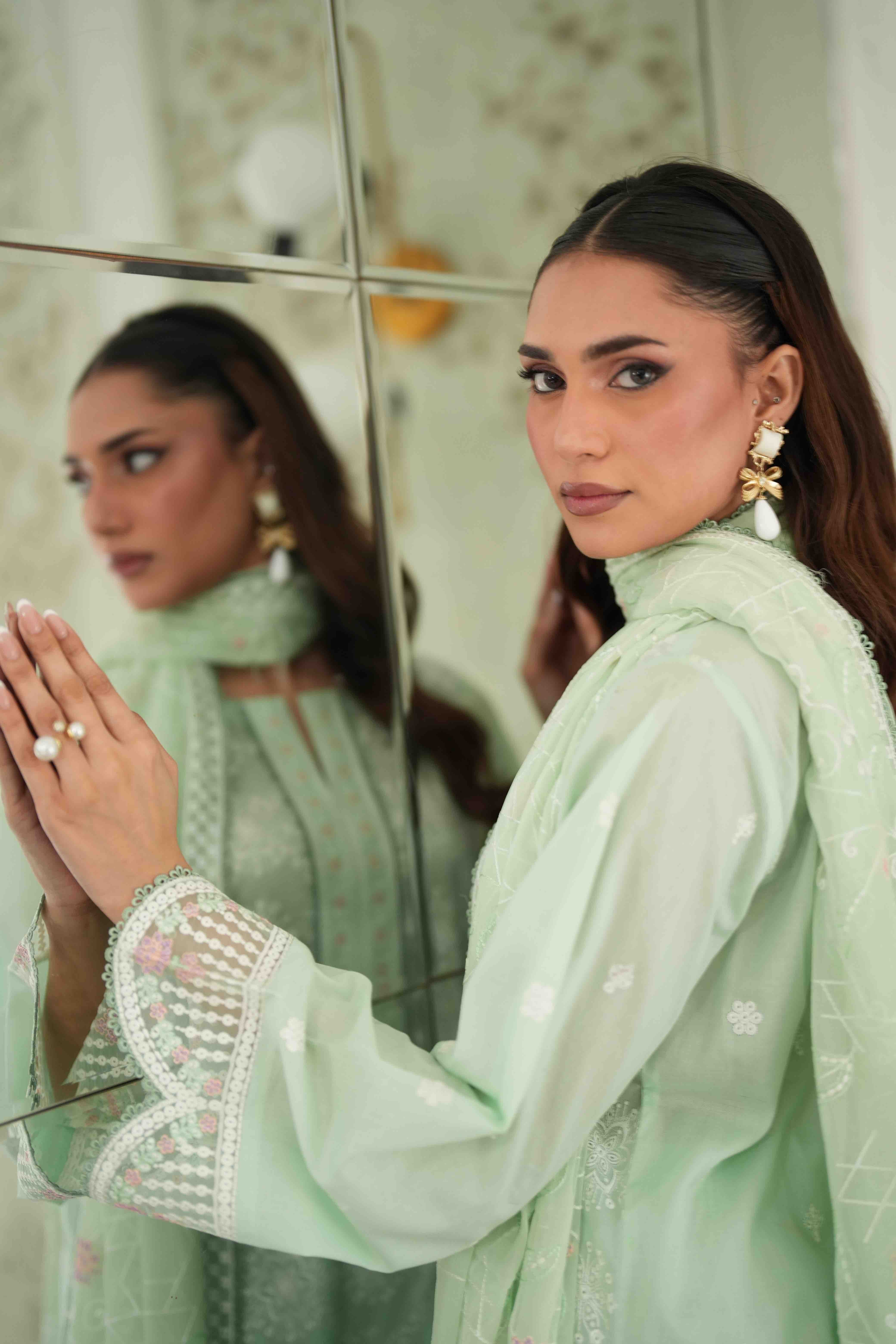 Jugnu Pista Green, Embroidered Lawn 3 Piece