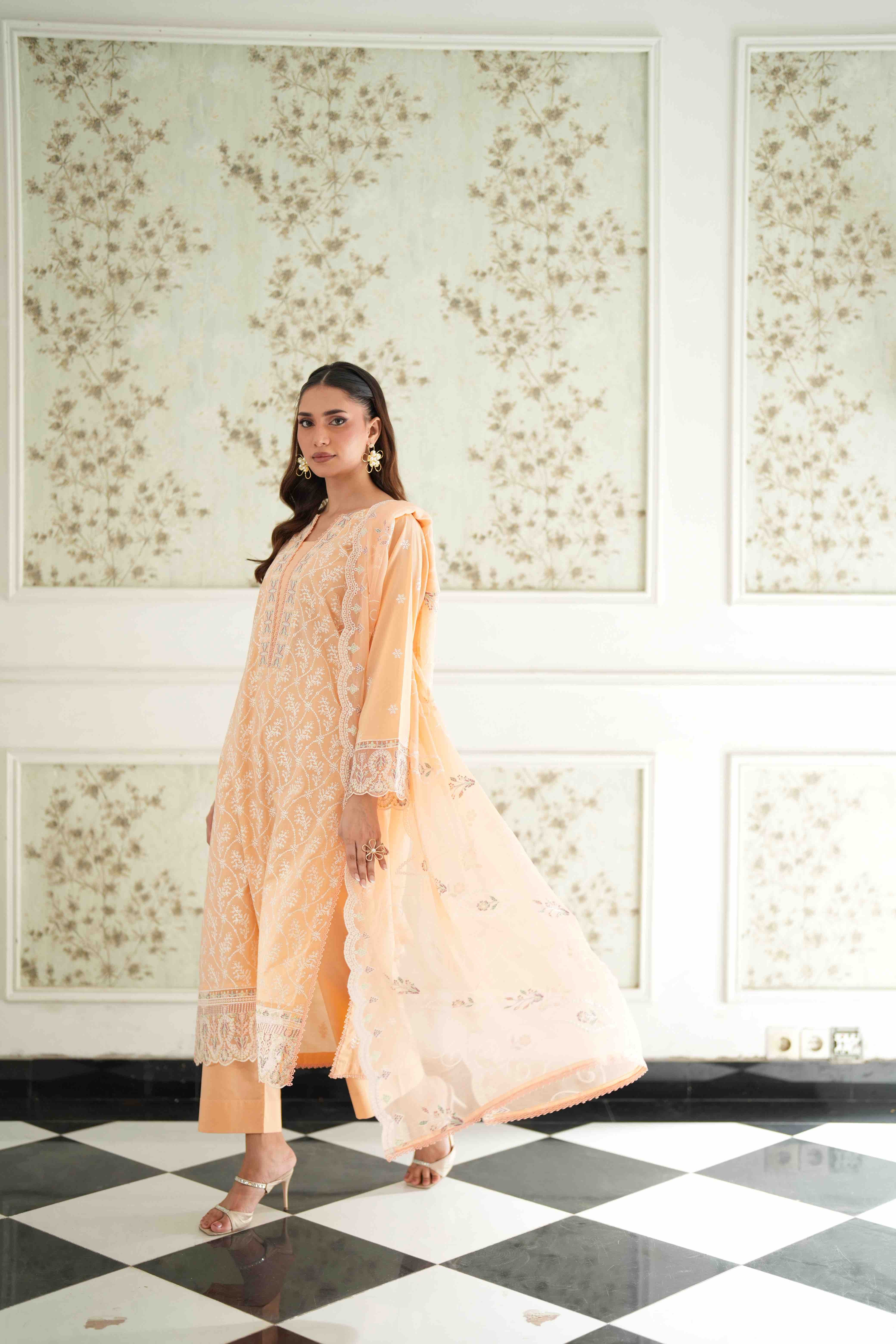 Jugnu Apricot Cream, Embroidered Lawn 3 Piece