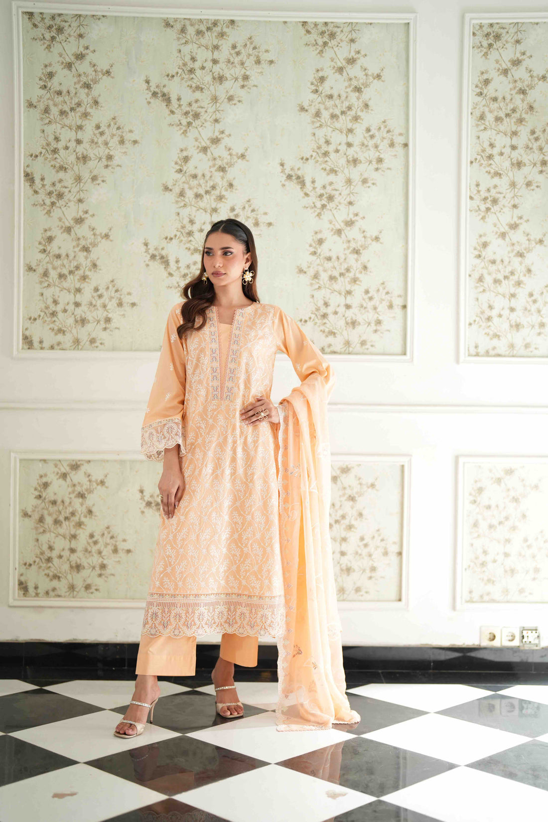 Jugnu Apricot Cream, Embroidered Lawn 3 Piece