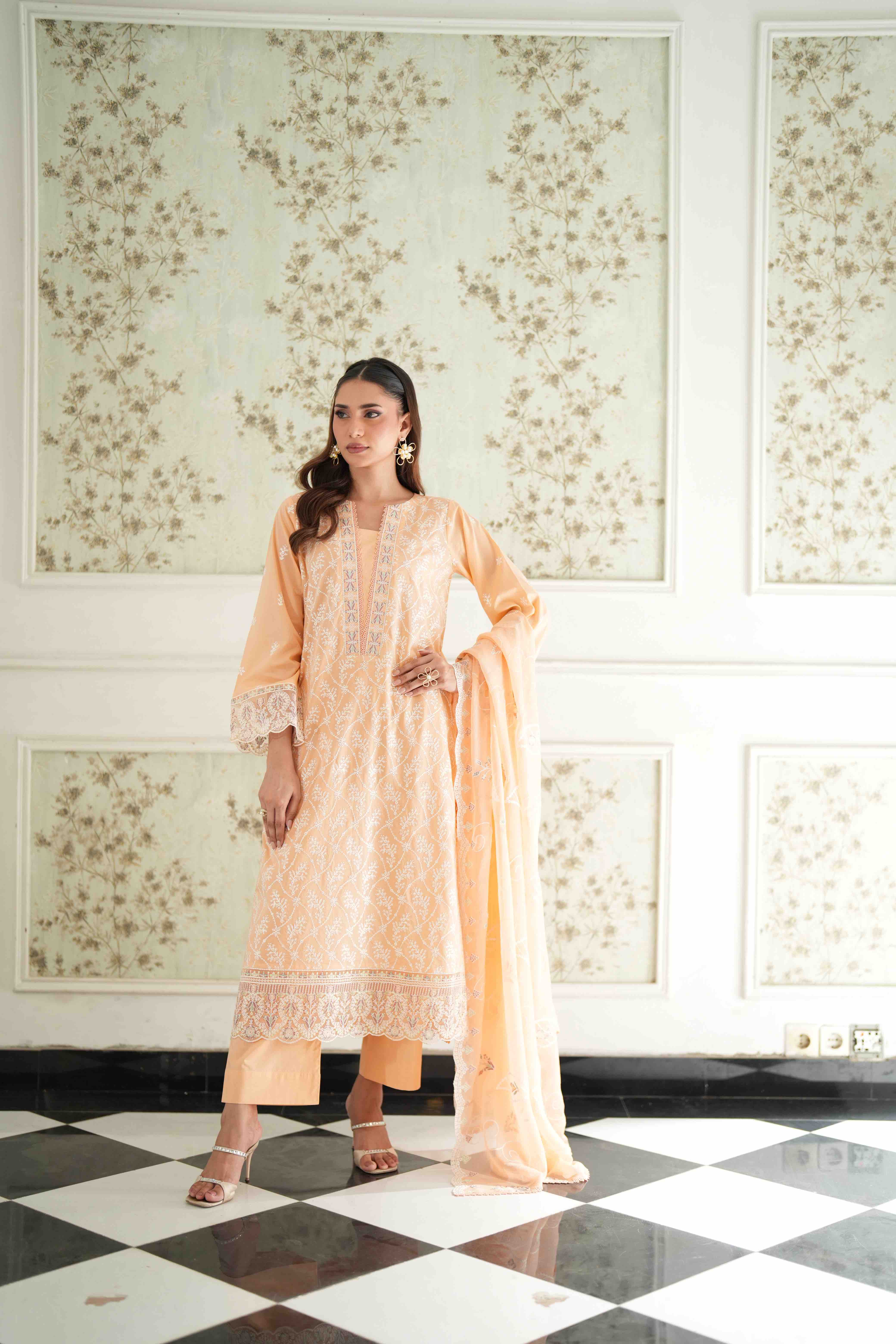 Jugnu Apricot Cream, Embroidered Lawn 3 Piece