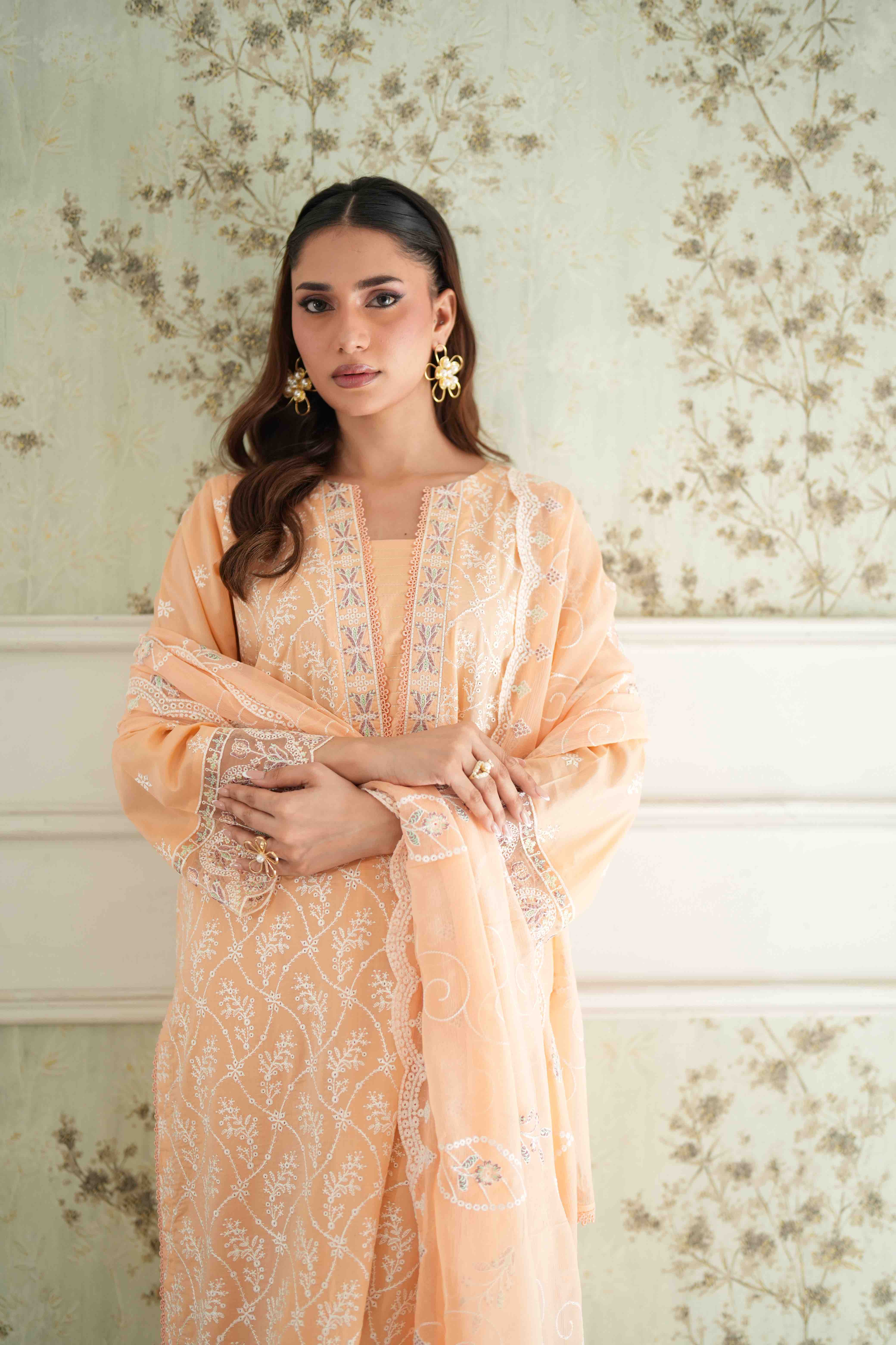 Jugnu Apricot Cream, Embroidered Lawn 3 Piece