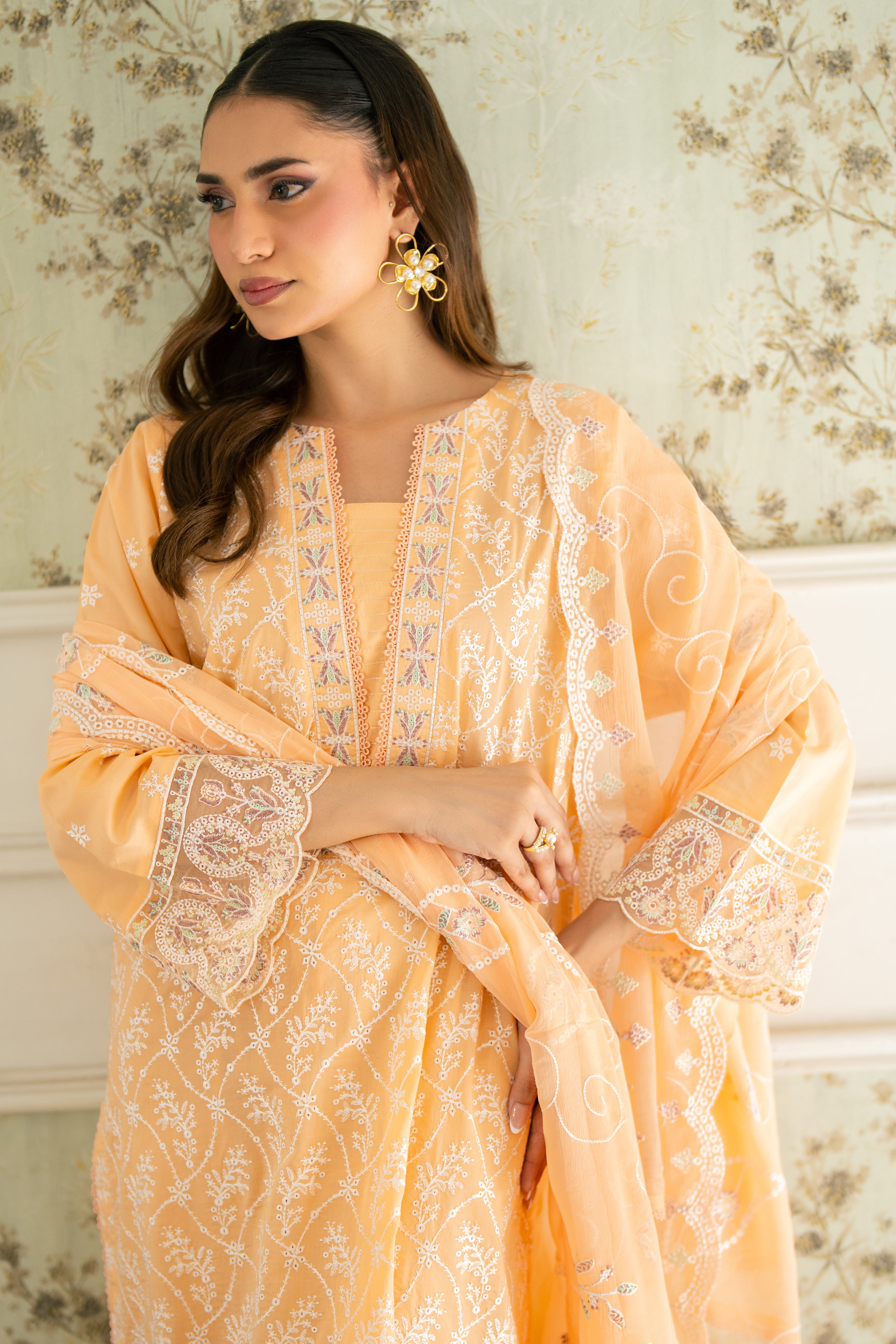 Jugnu Apricot Cream, Embroidered Lawn 3 Piece