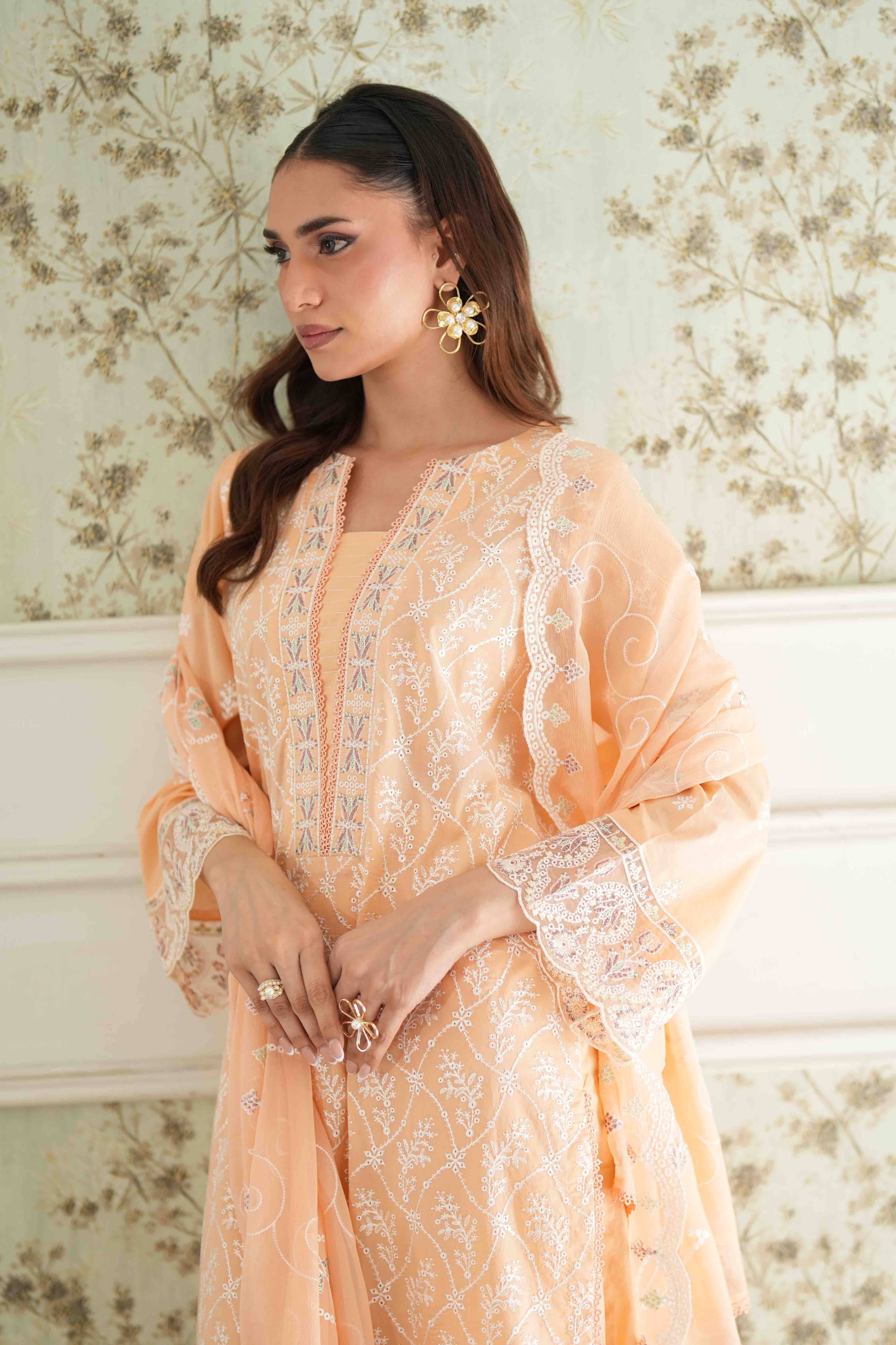 Jugnu Apricot Cream, Embroidered Lawn 3 Piece