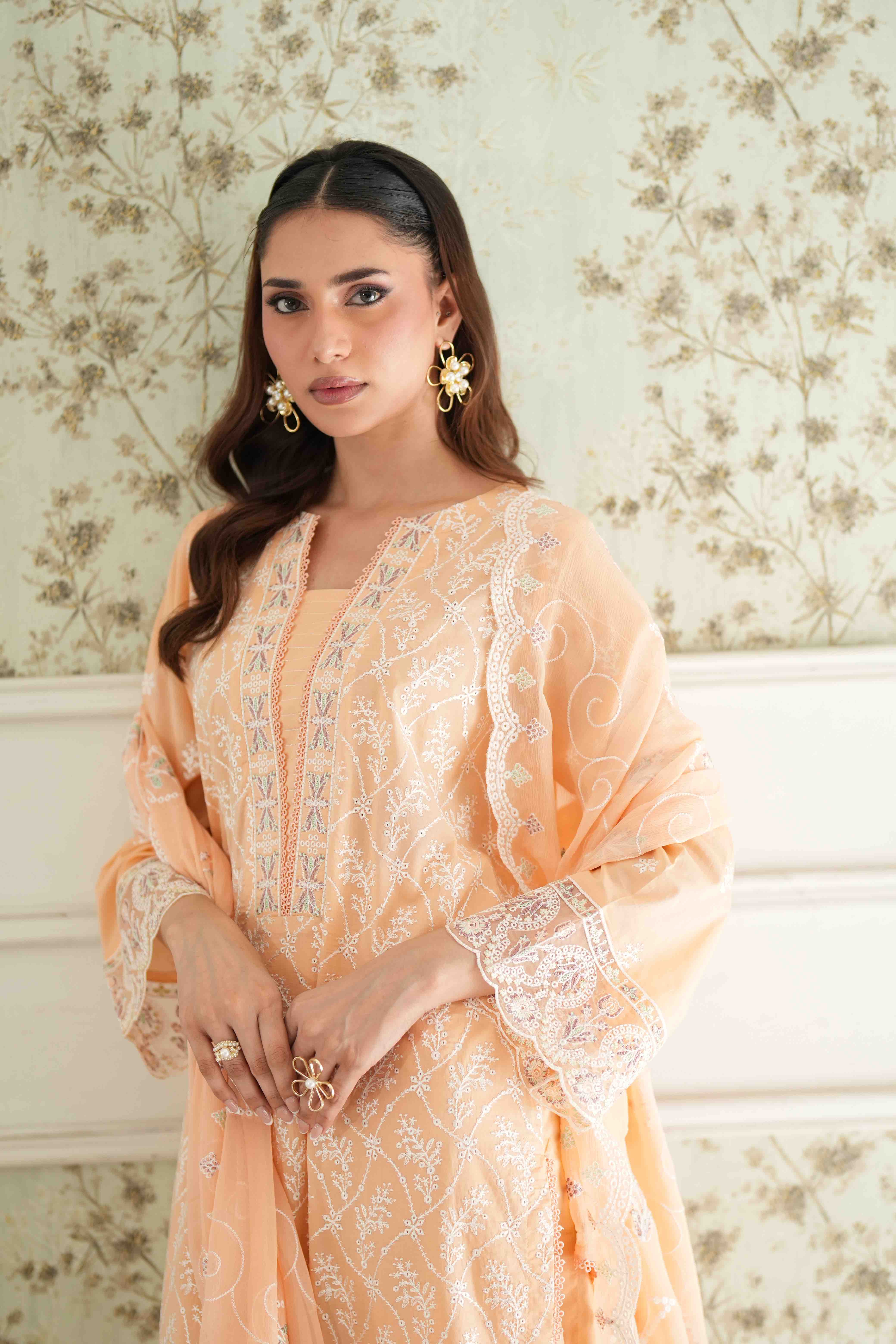 Jugnu Apricot Cream, Embroidered Lawn 3 Piece
