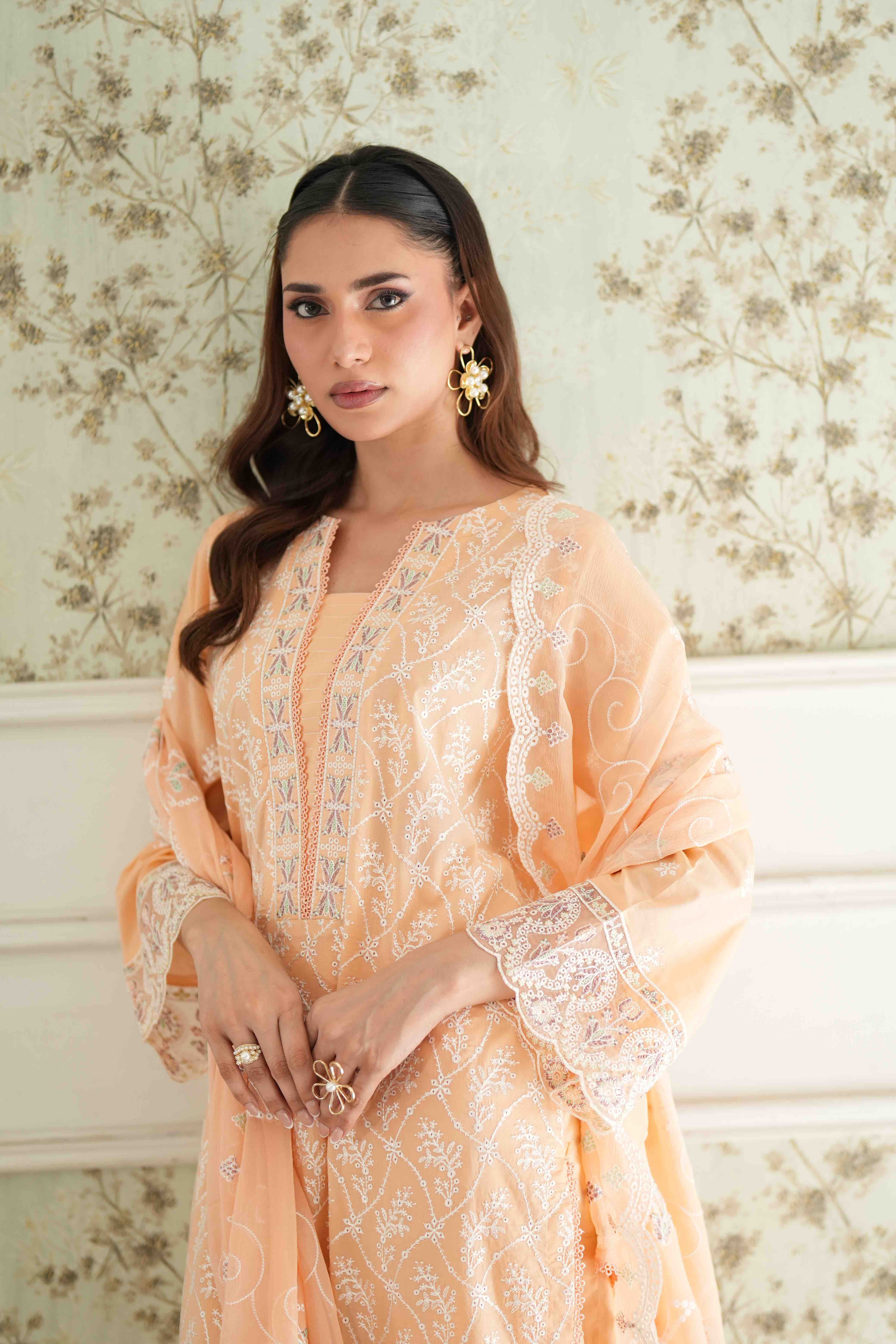 Jugnu Apricot Cream, Embroidered Lawn 3 Piece