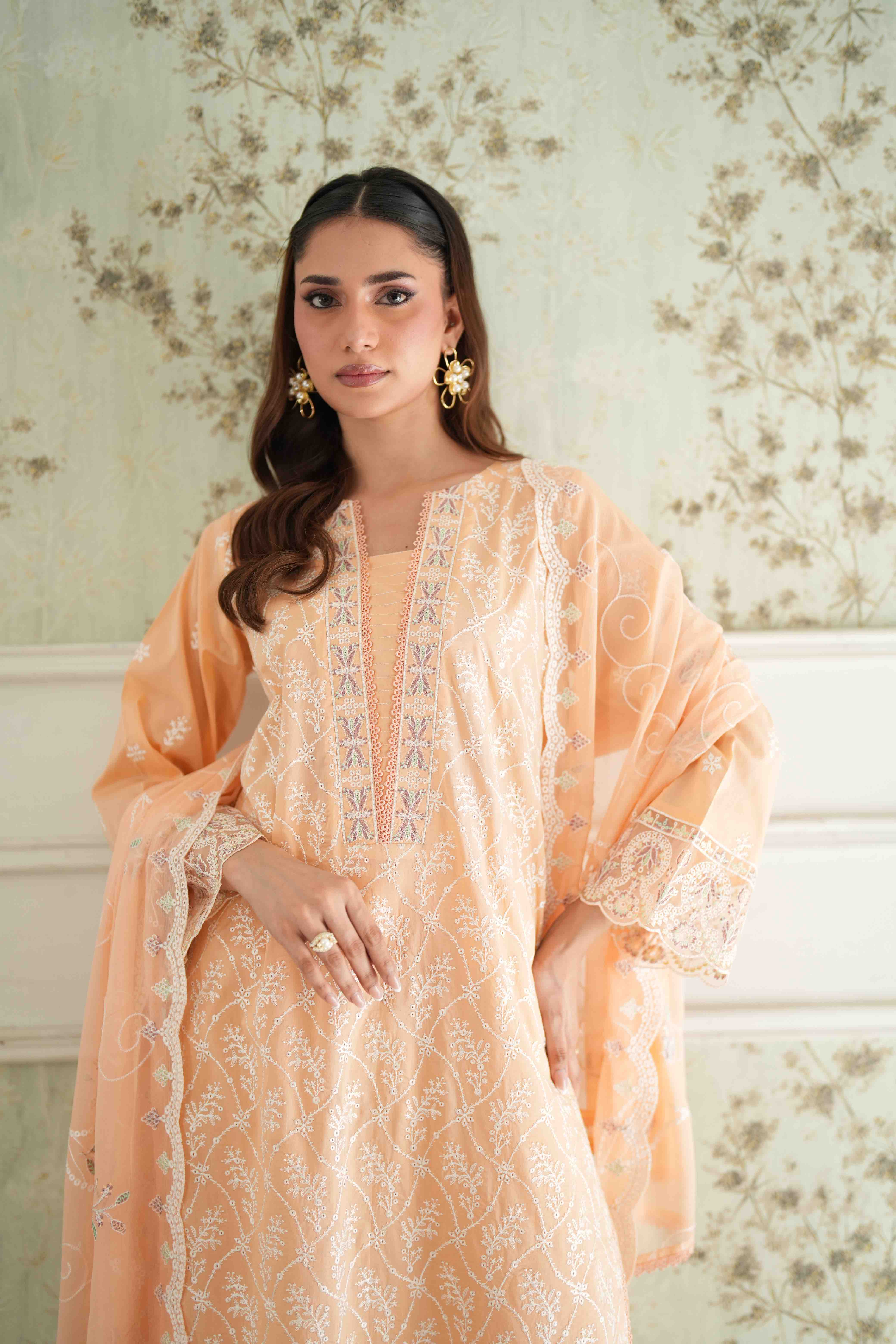Jugnu Apricot Cream, Embroidered Lawn 3 Piece