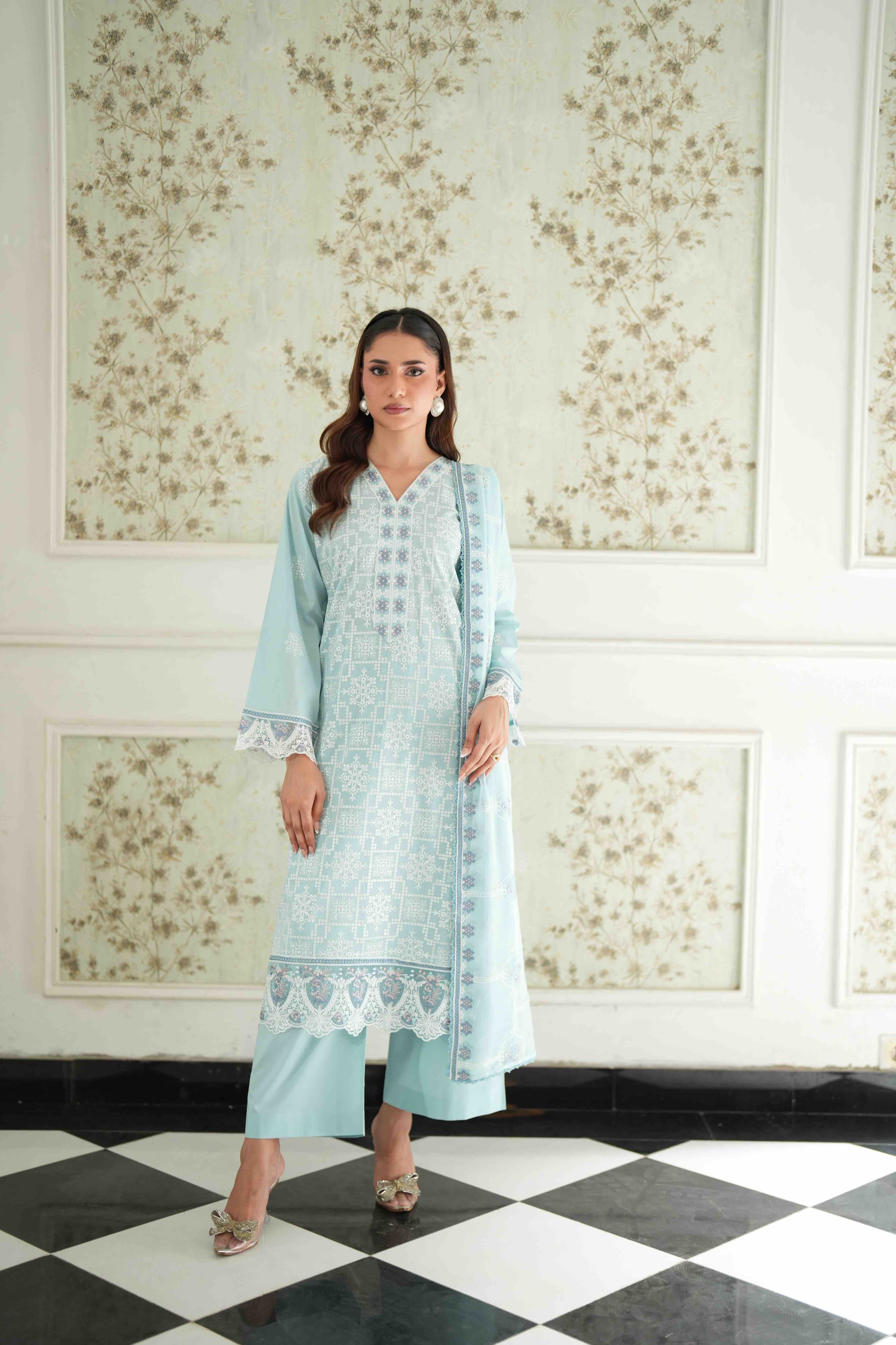 Jugnu Sky Blue, Embroidered Lawn 3 Piece