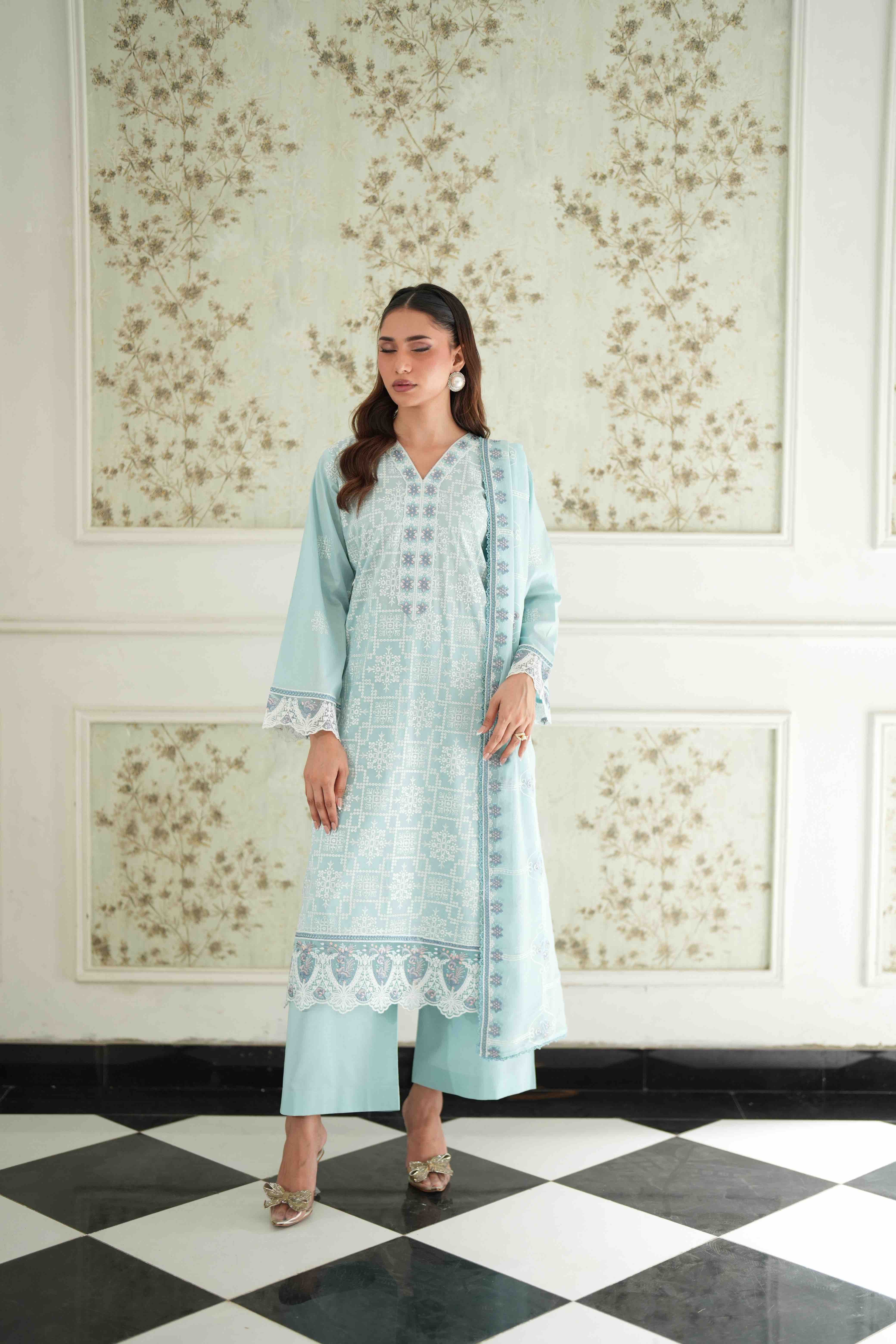 Jugnu Sky Blue, Embroidered Lawn 3 Piece