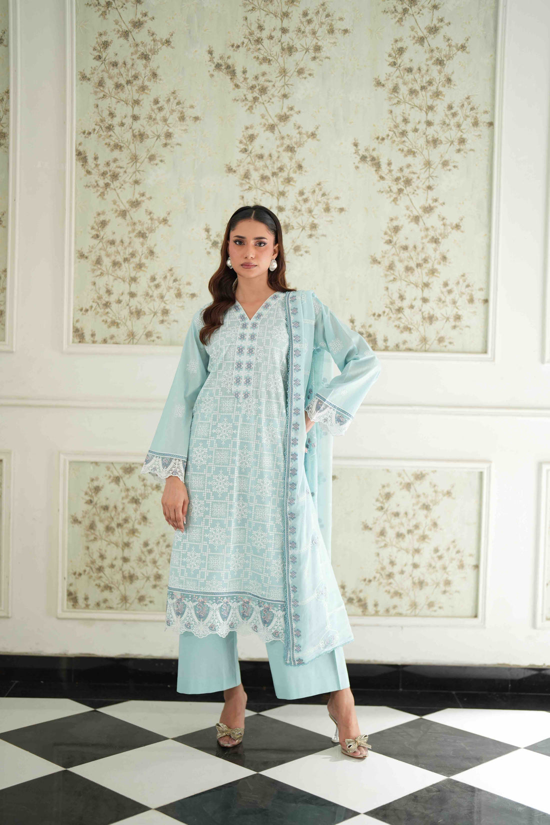 Jugnu Sky Blue, Embroidered Lawn 3 Piece