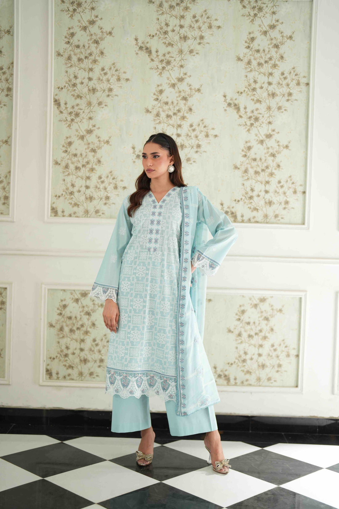 Jugnu Sky Blue, Embroidered Lawn 3 Piece