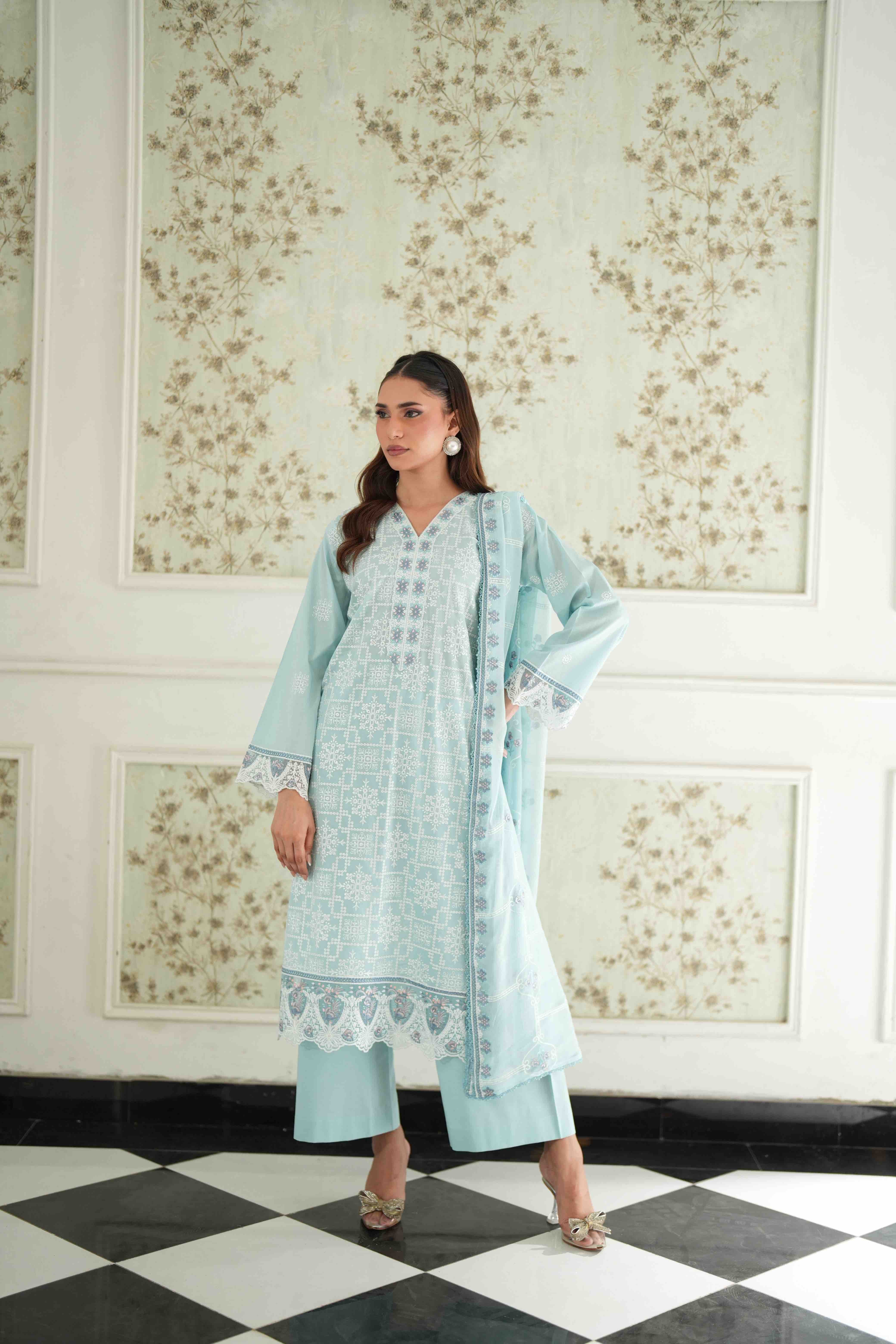 Jugnu Sky Blue, Embroidered Lawn 3 Piece