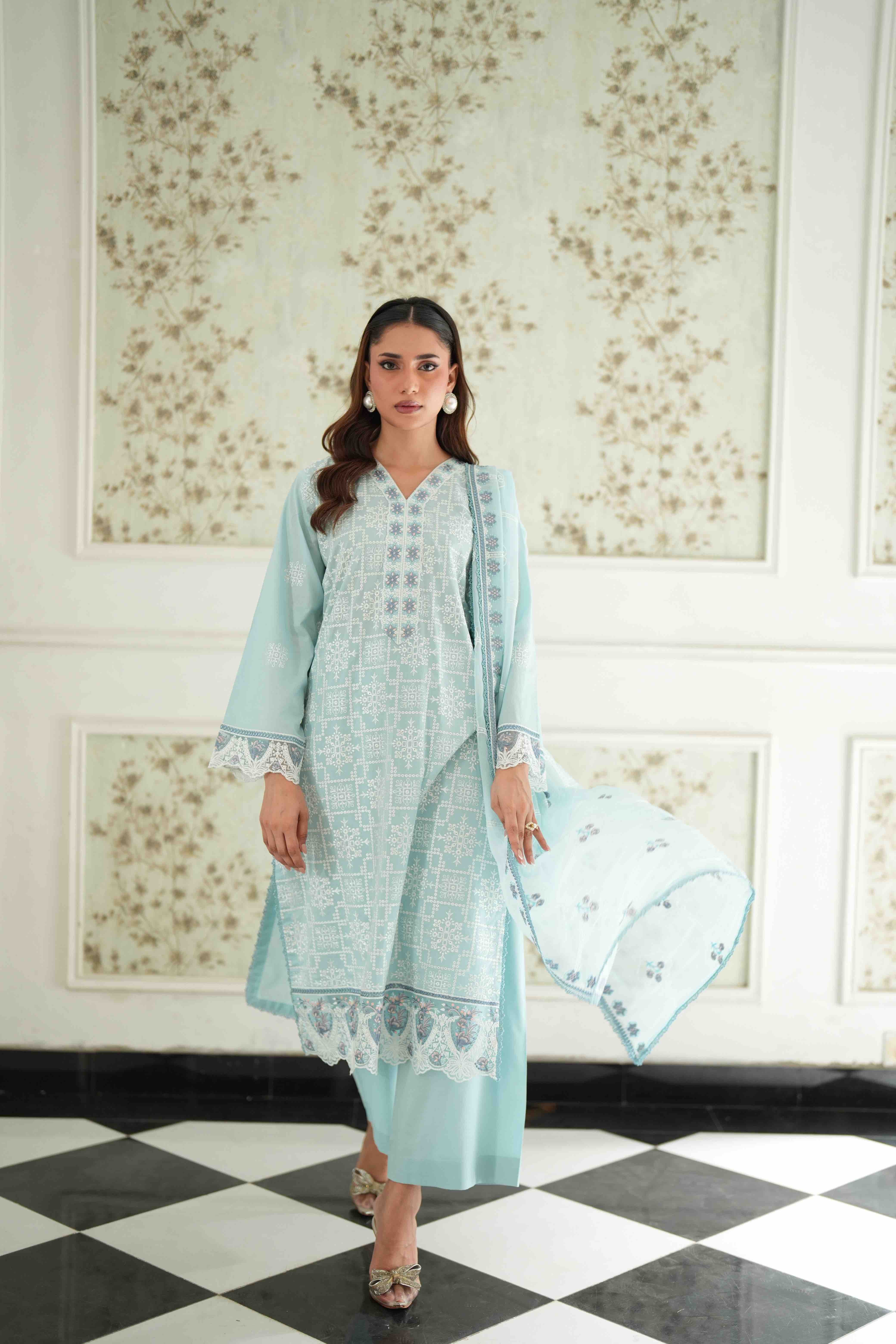 Jugnu Sky Blue, Embroidered Lawn 3 Piece