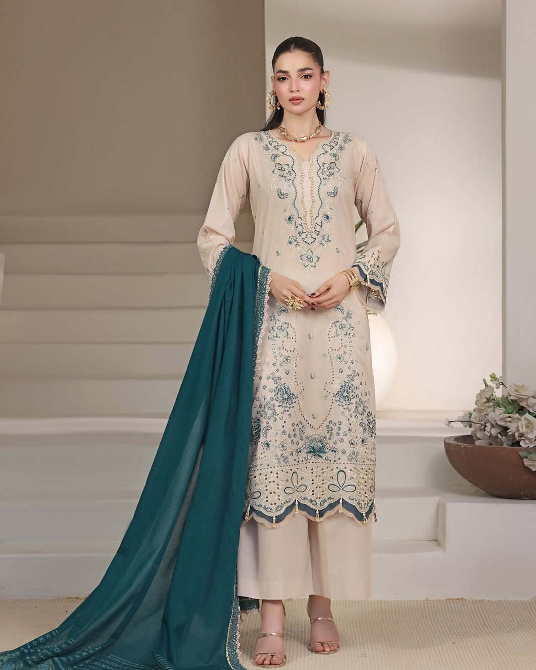 Bahar Cream, Embroidered Lawn 3 Piece