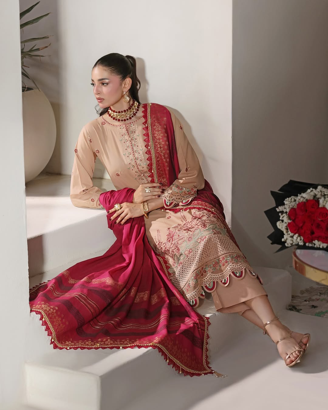 Bahar Peach, Embroidered Lawn 3 Piece