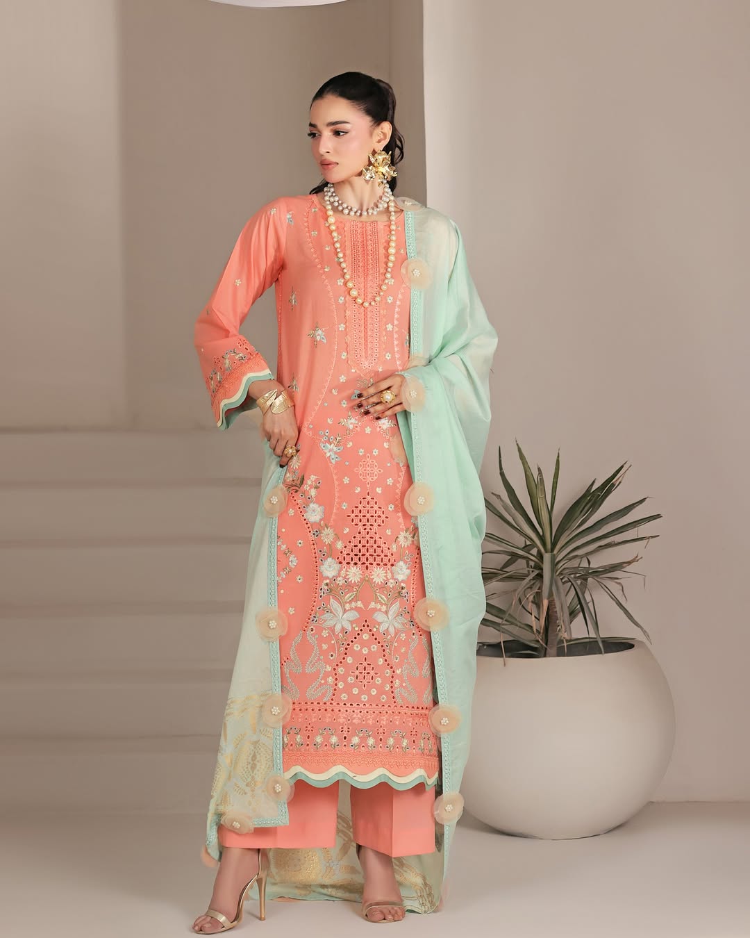 Bahar Coral, Embroidered Lawn 3 Piece