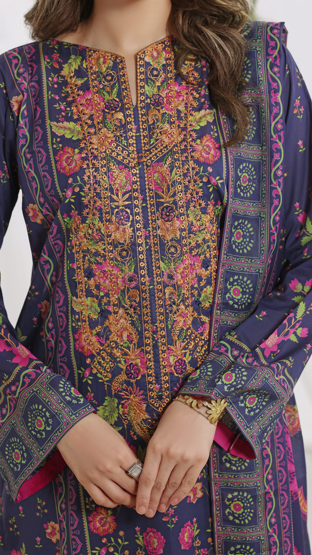 Sunehri Indigo Blue, Digital Printed Embroidered Lawn 3 Piece