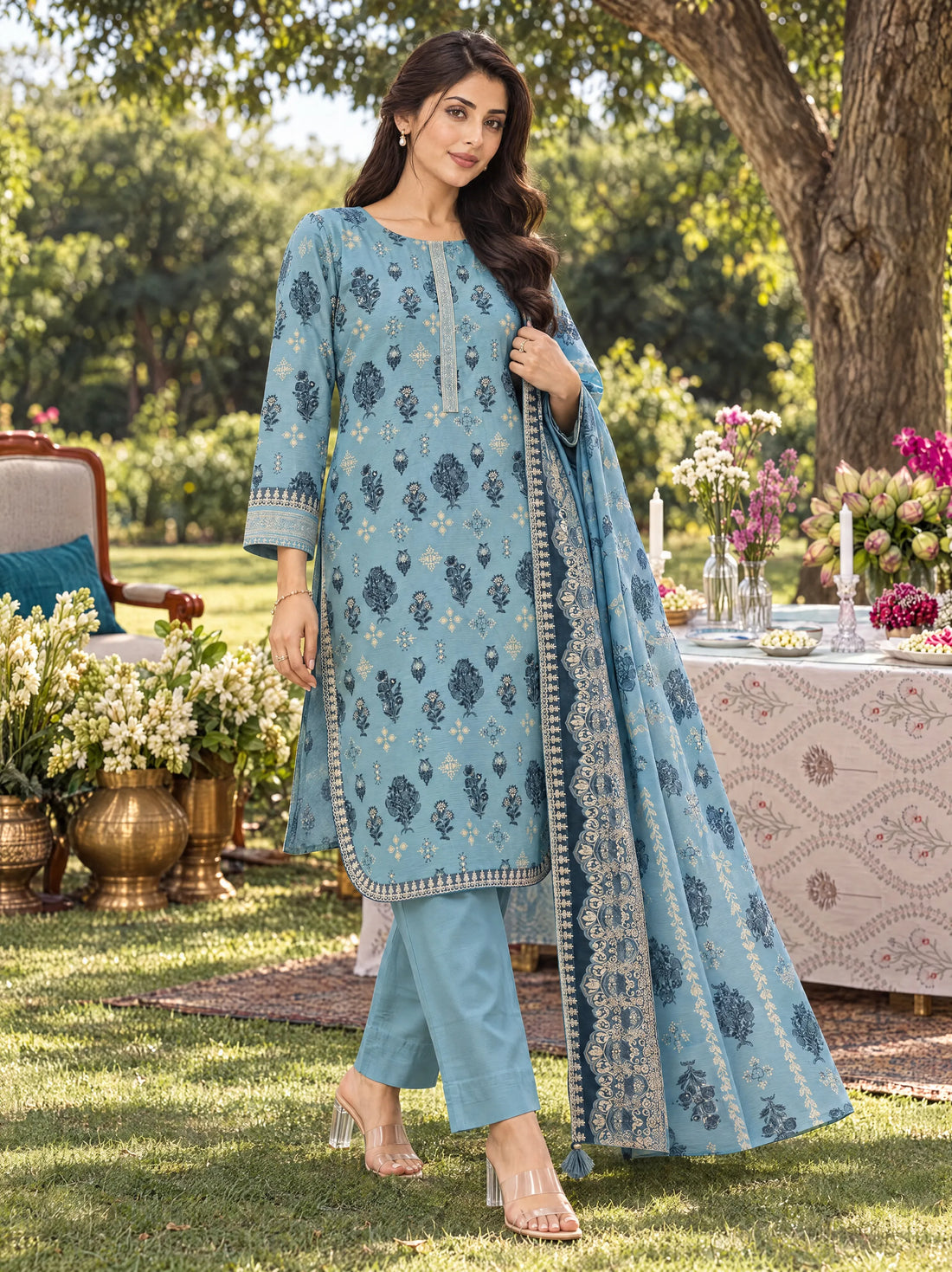 Firdaus Sky, Printed Khaddar 3 Piece