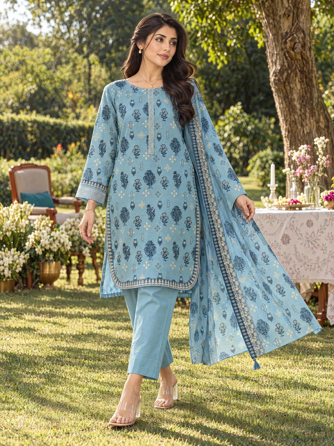 Firdaus Sky, Printed Khaddar 3 Piece