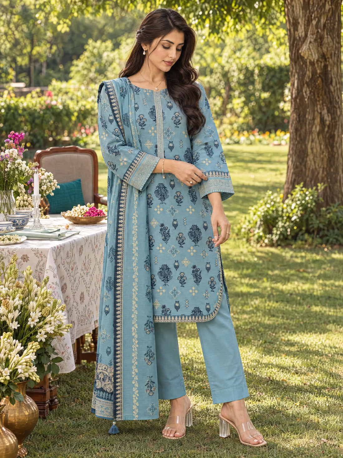 Firdaus Sky, Printed Khaddar 3 Piece