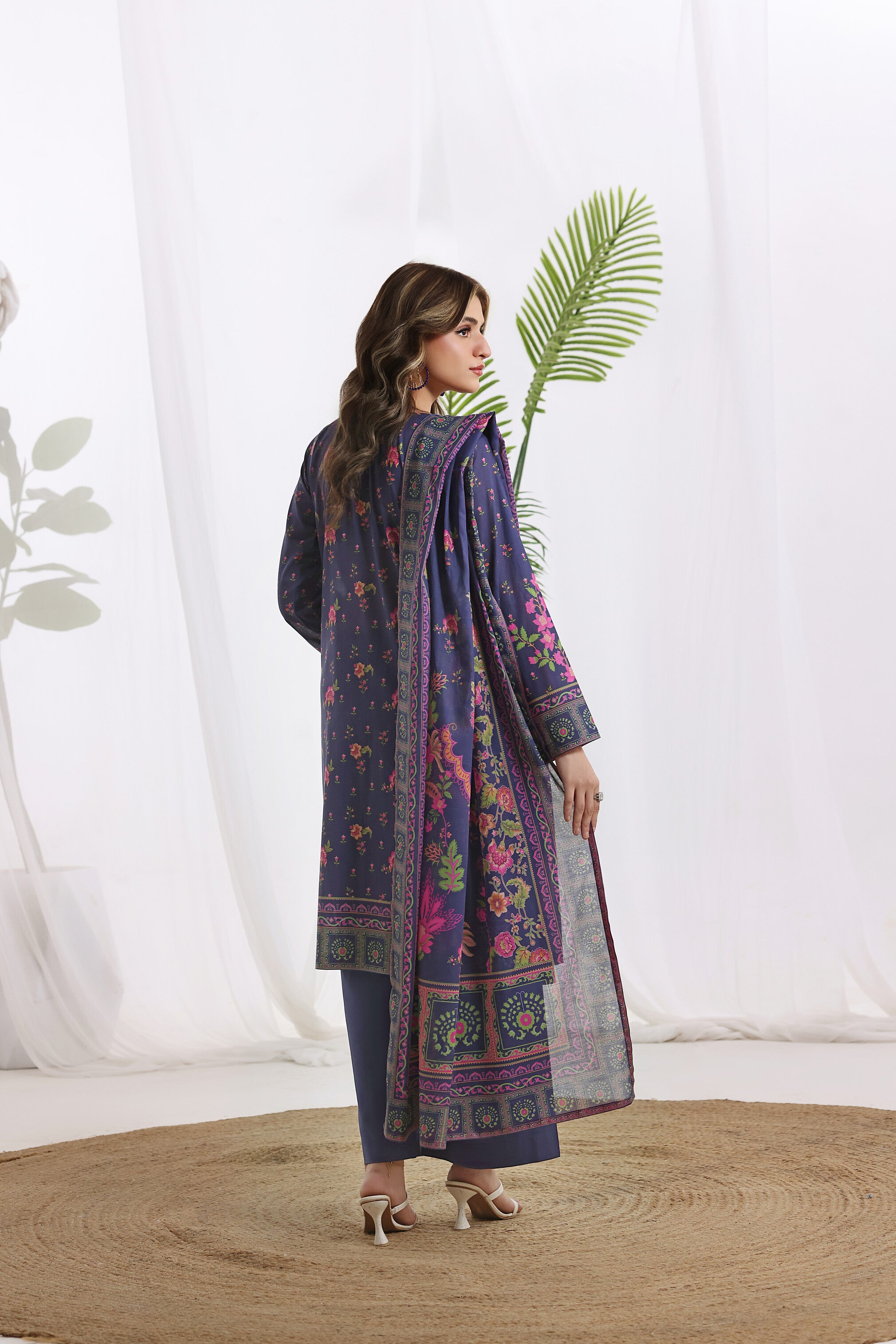 Sunehri Indigo Blue, Digital Printed Embroidered Lawn 3 Piece