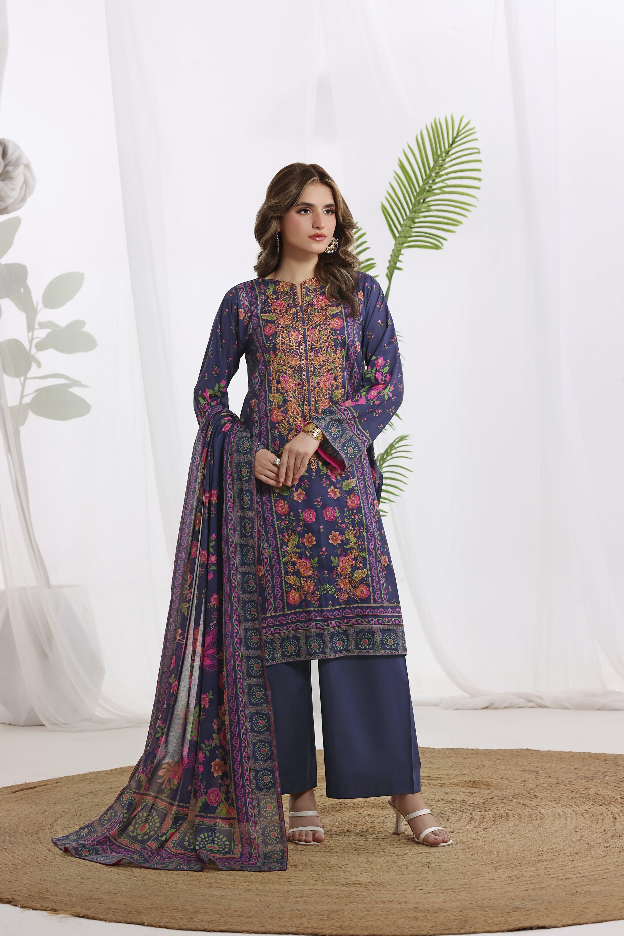 Sunehri Indigo Blue, Digital Printed Embroidered Lawn 3 Piece