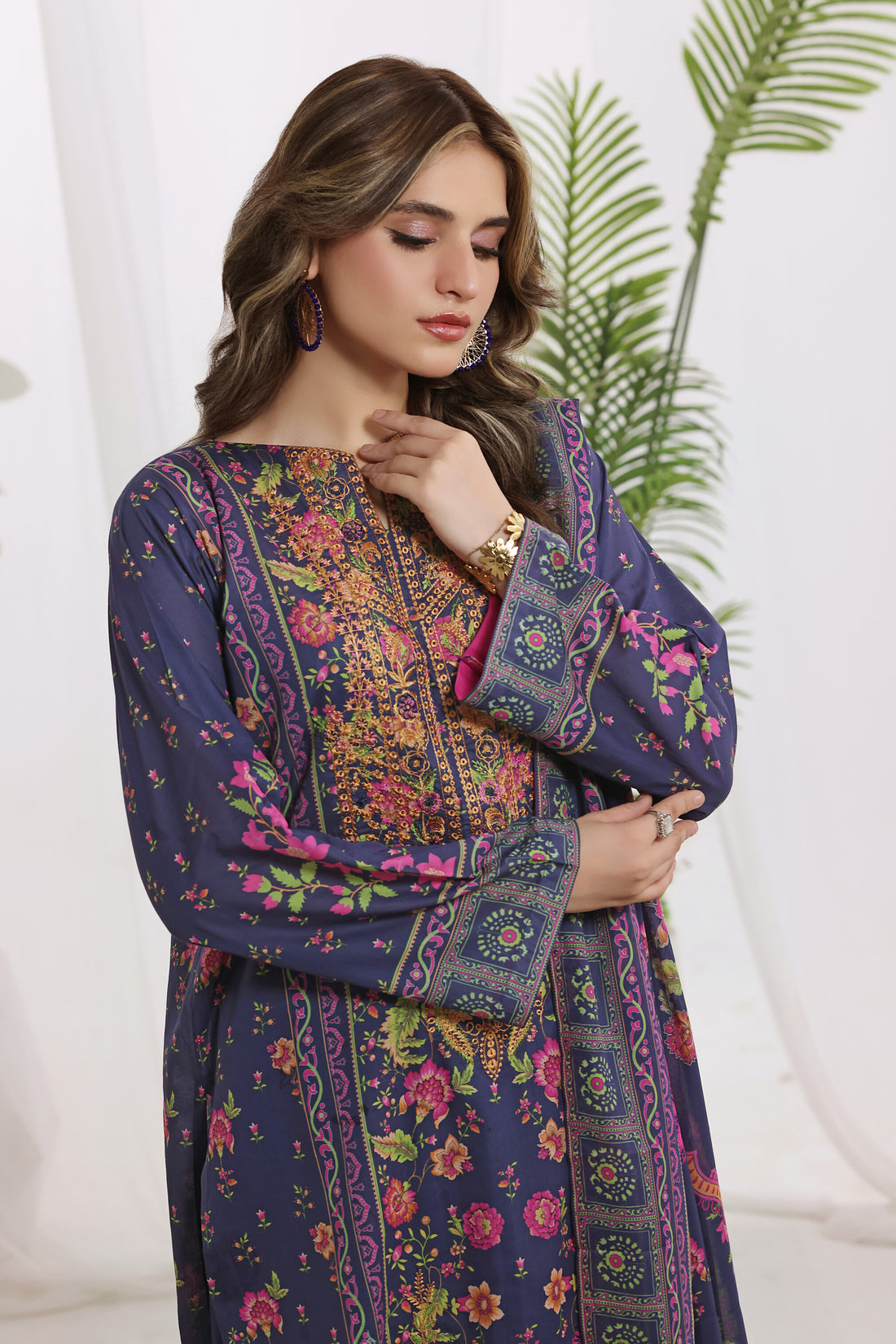 Sunehri Indigo Blue, Digital Printed Embroidered Lawn 3 Piece