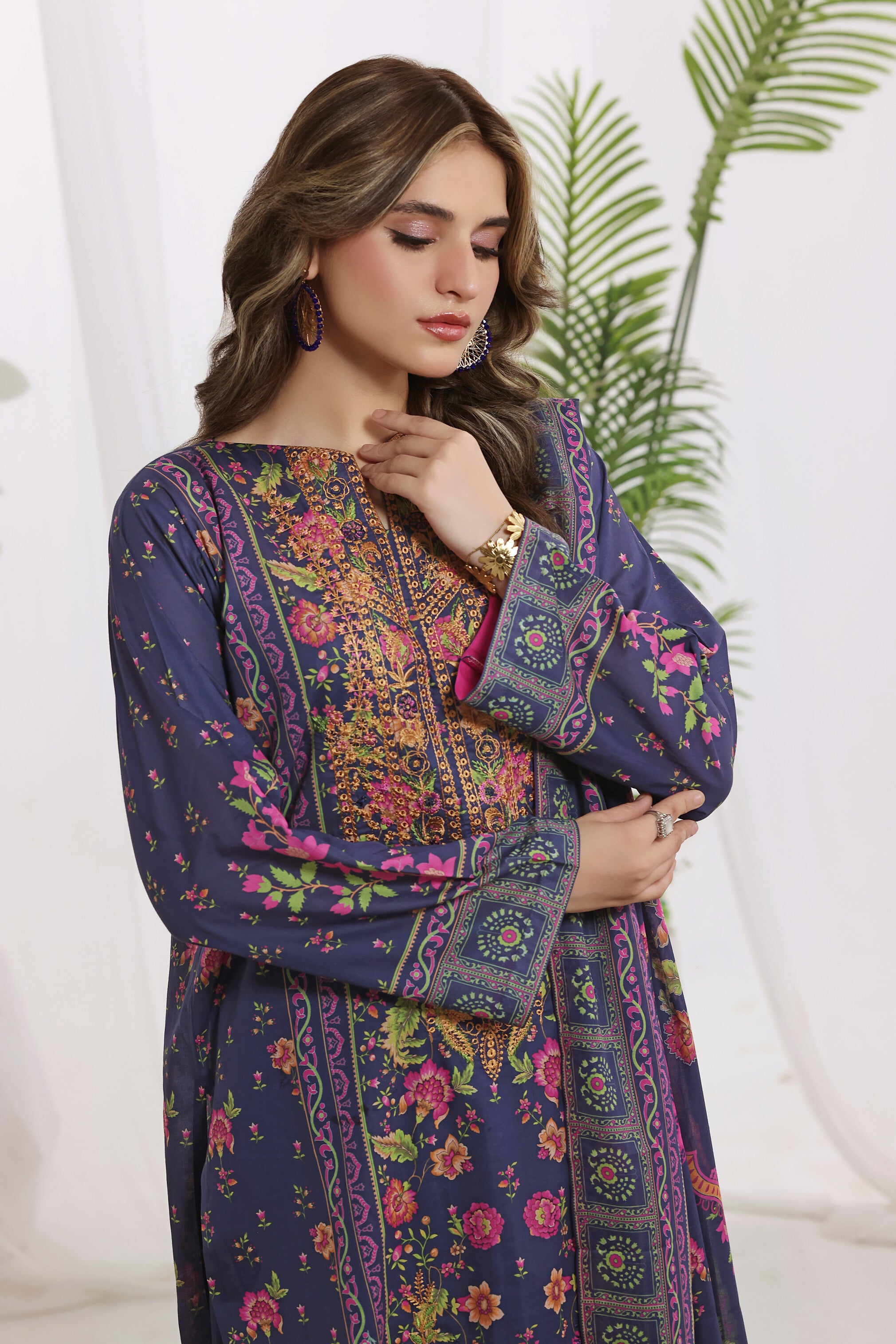 Sunehri Indigo Blue, Digital Printed Embroidered Lawn 3 Piece