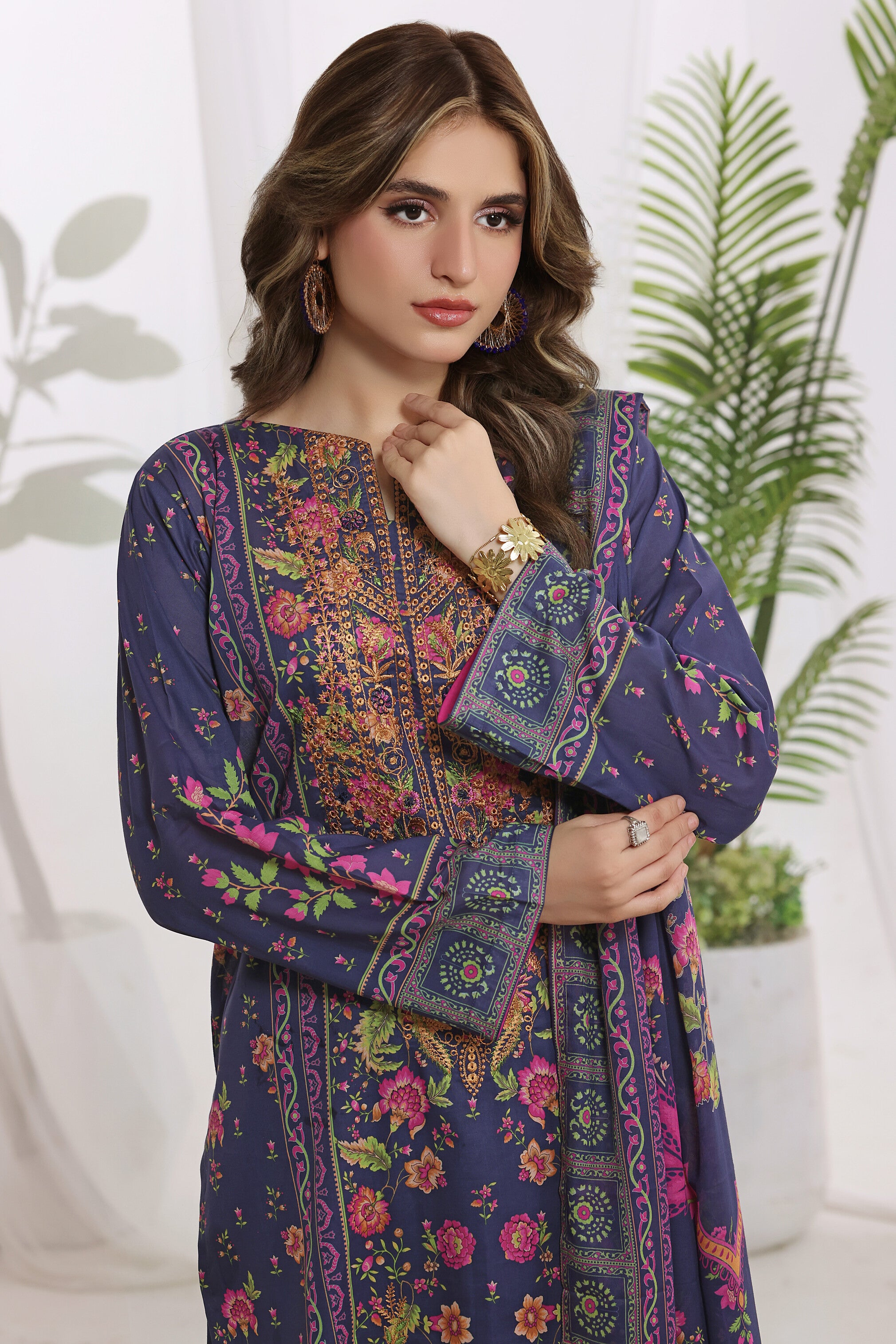 Sunehri Indigo Blue, Digital Printed Embroidered Lawn 3 Piece