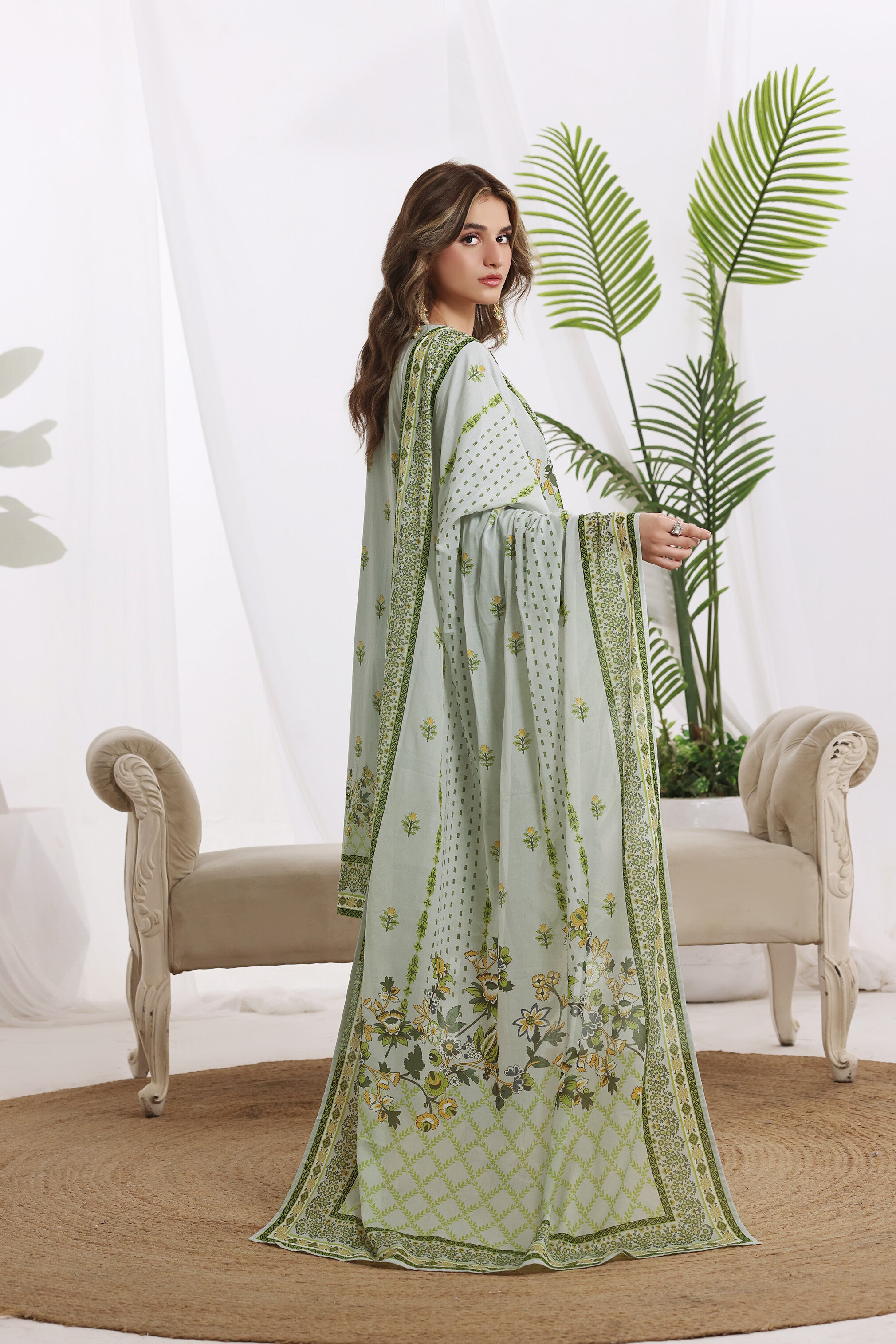 Sunehri Sage Green, Digital Printed Embroidered Lawn 3 Piece