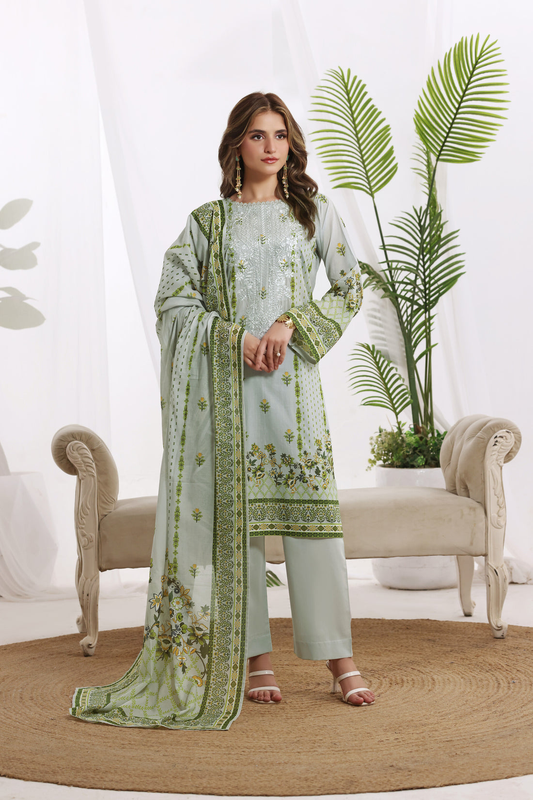Sunehri Sage Green, Digital Printed Embroidered Lawn 3 Piece