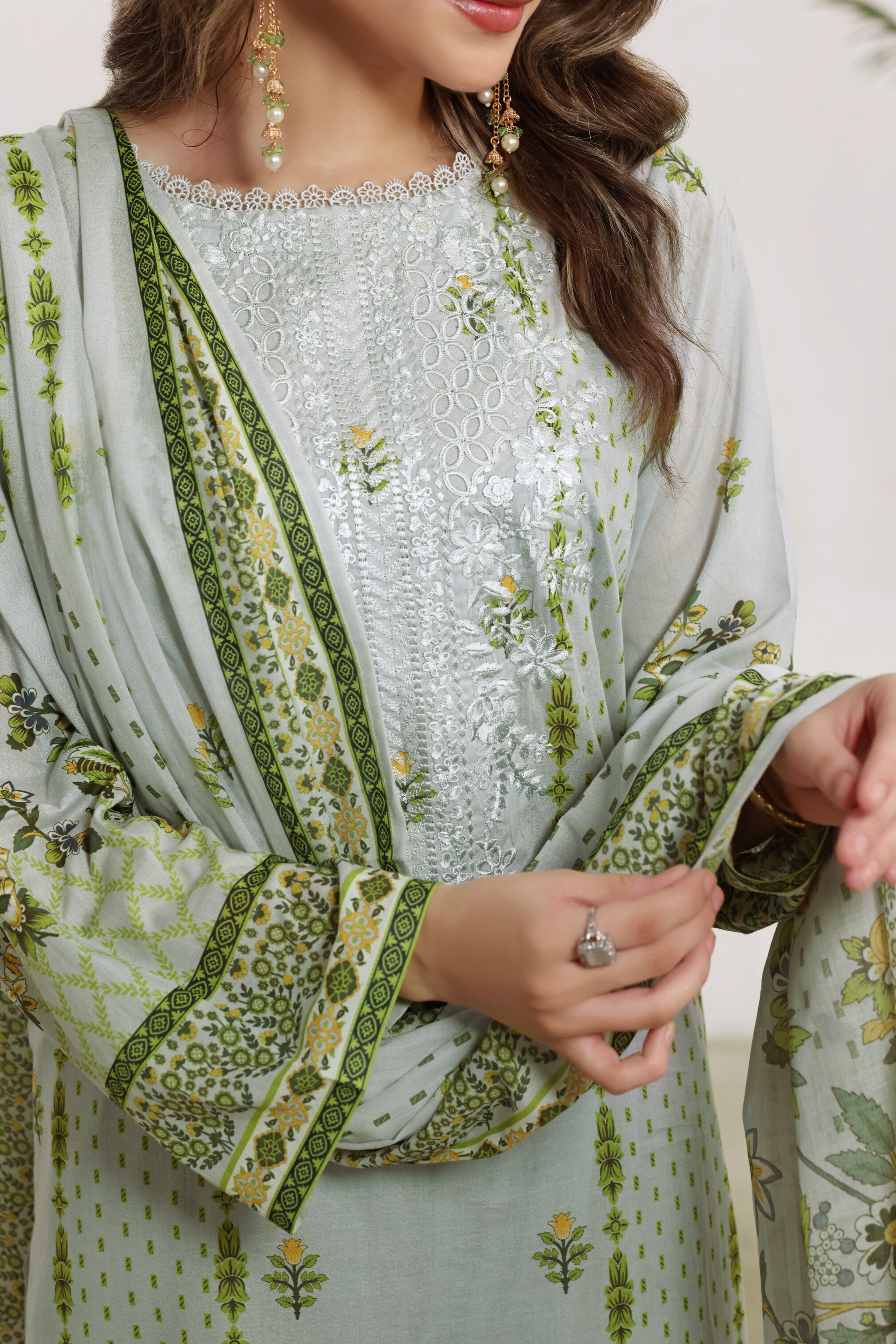 Sunehri Sage Green, Digital Printed Embroidered Lawn 3 Piece