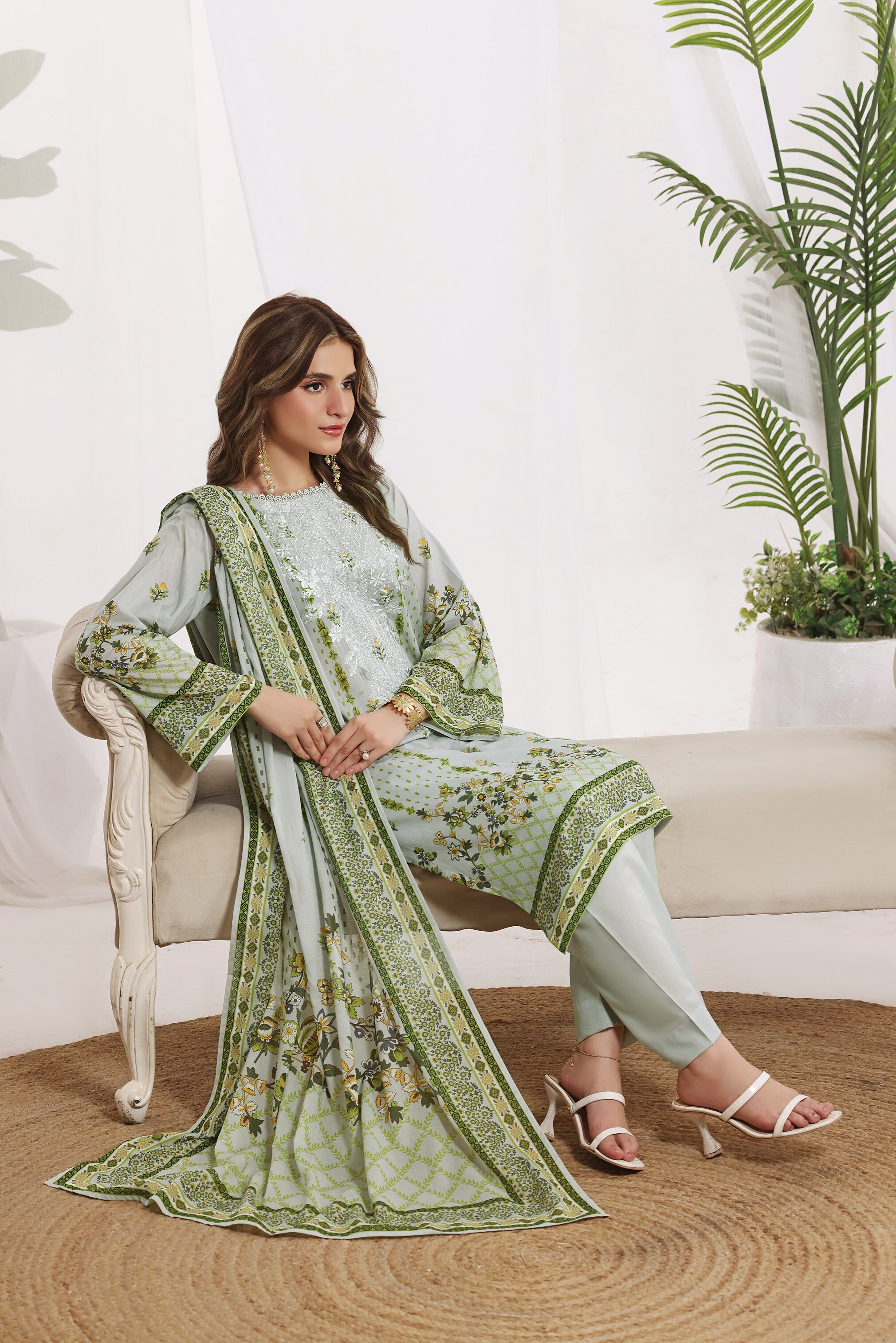 Sunehri Sage Green, Digital Printed Embroidered Lawn 3 Piece