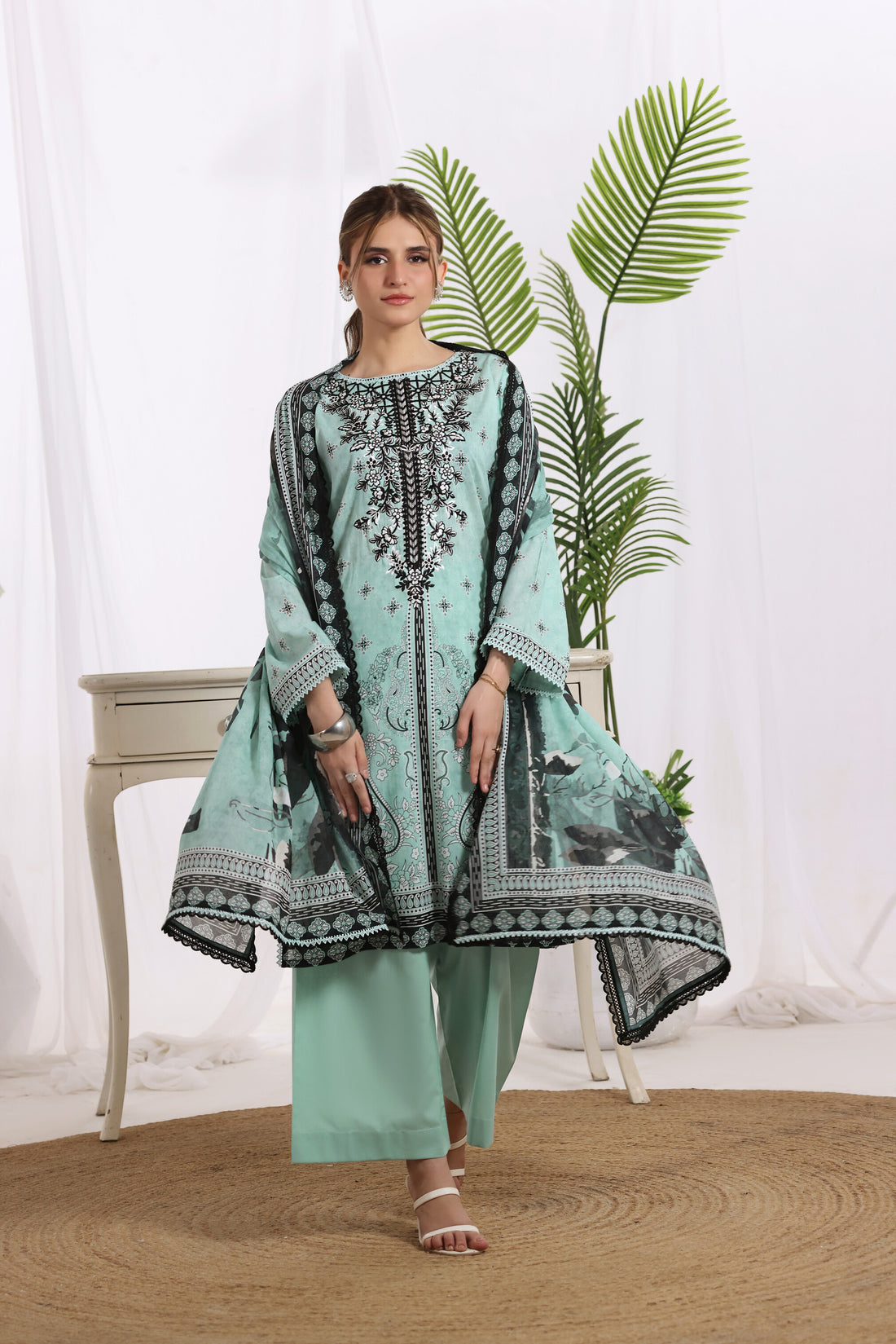 Sunehri Aqua Green, Digital Printed Embroidered Lawn 3 Piece
