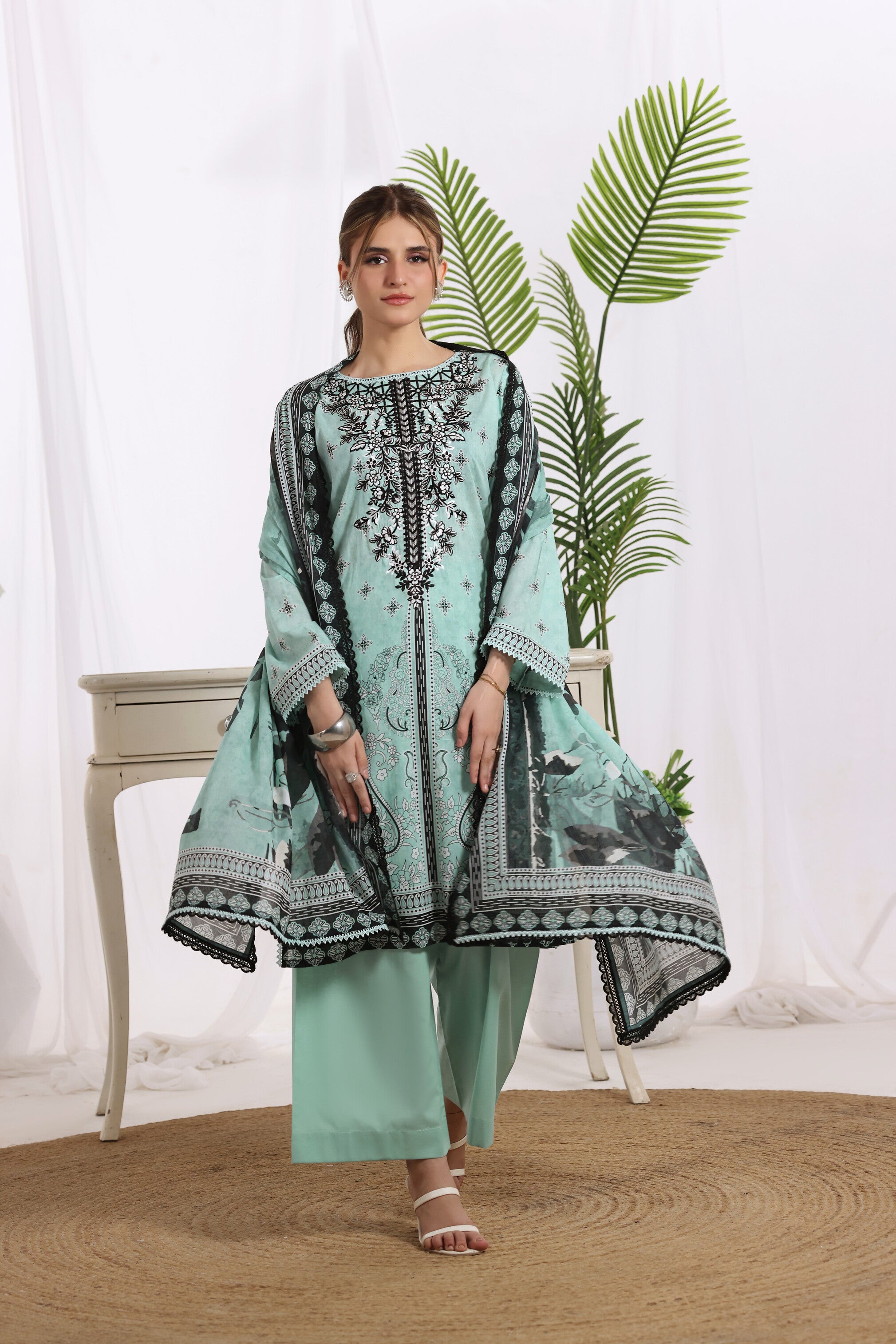 Sunehri Aqua Green, Digital Printed Embroidered Lawn 3 Piece