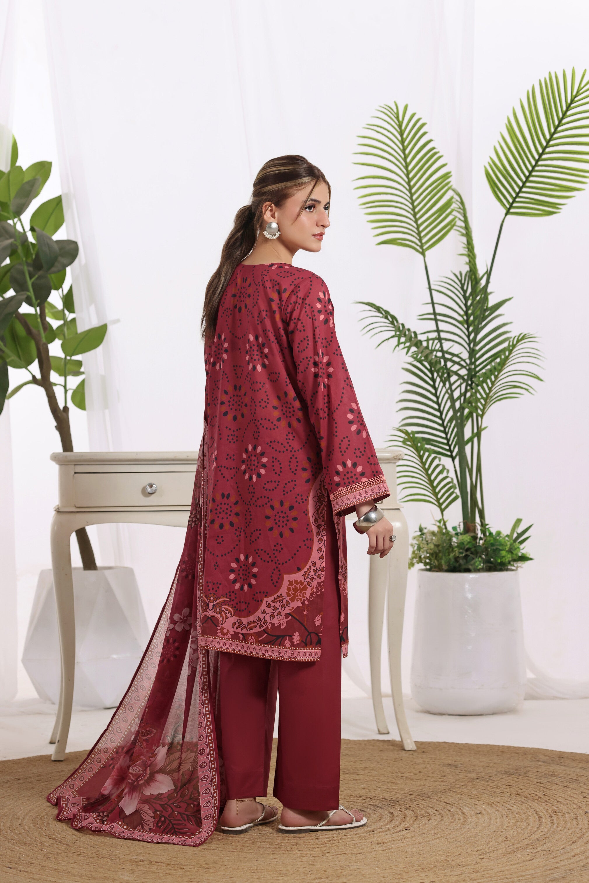 Sunehri Cherry Red, Digital Printed Embroidered Lawn 3 Piece