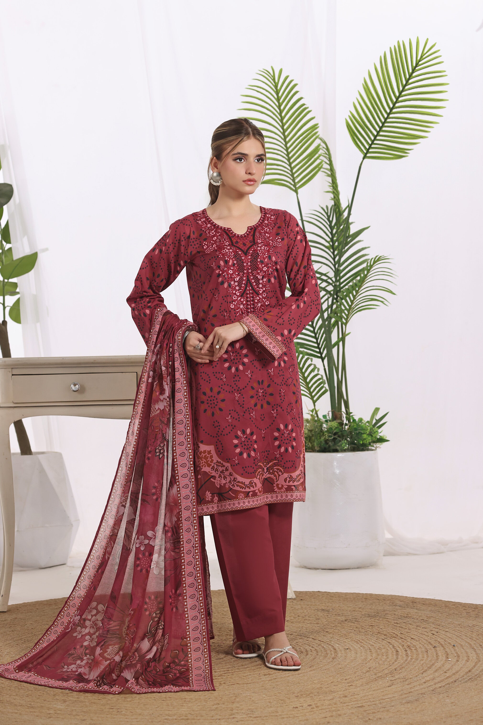 Sunehri Cherry Red, Digital Printed Embroidered Lawn 3 Piece
