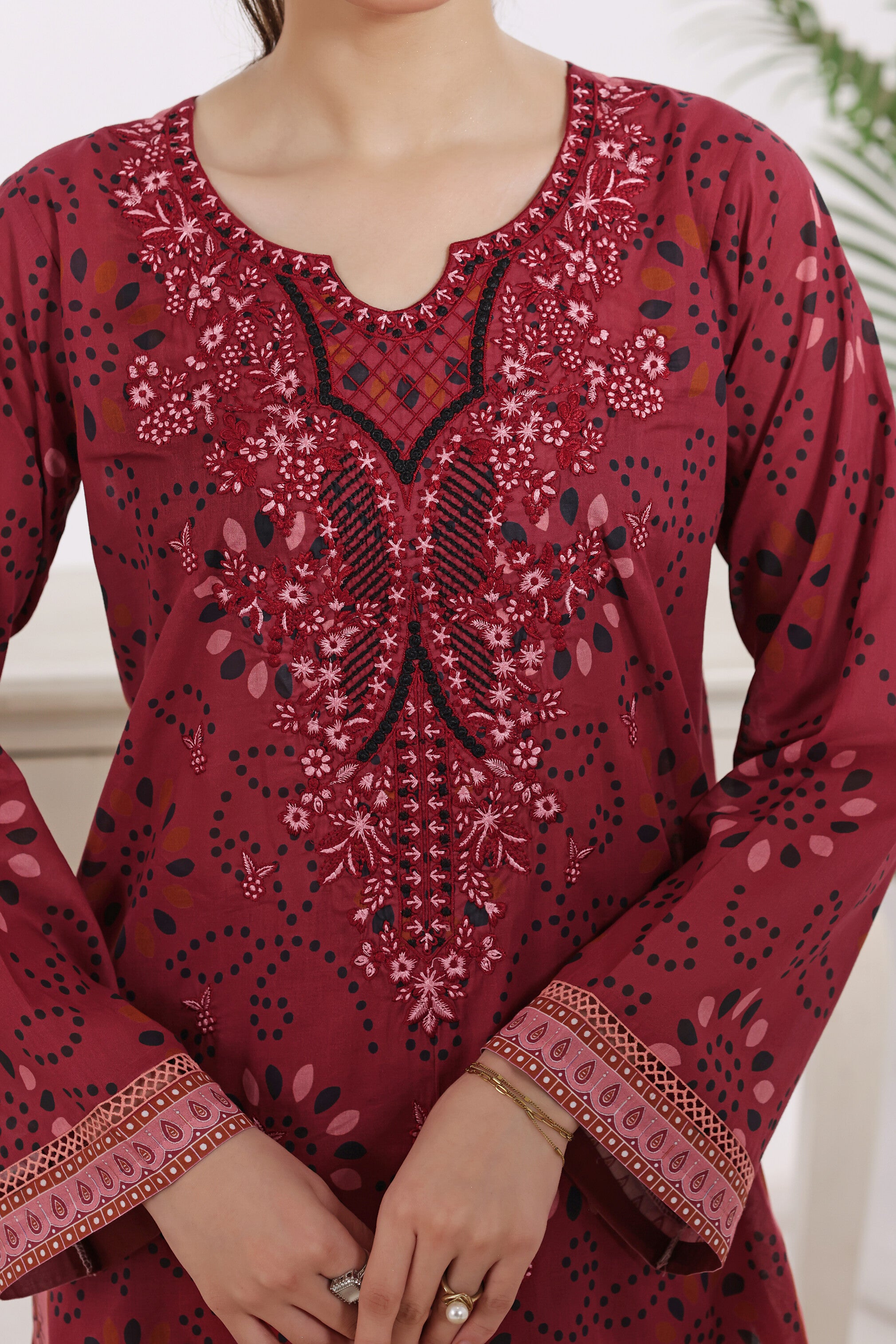 Sunehri Cherry Red, Digital Printed Embroidered Lawn 3 Piece