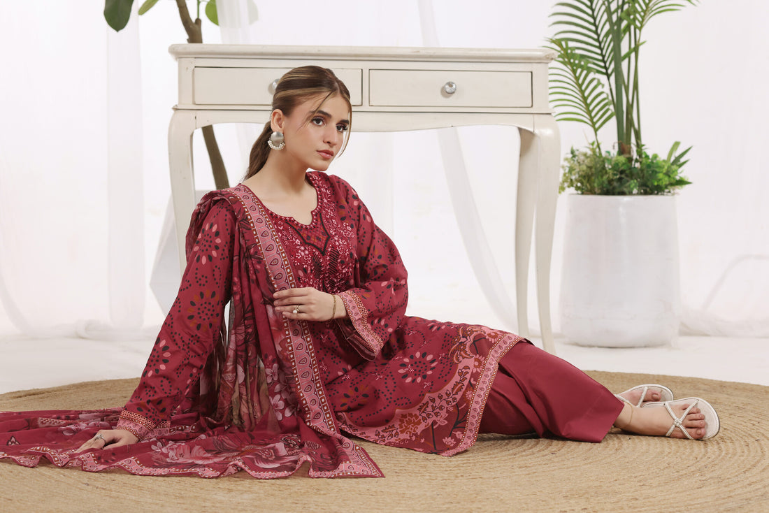 Sunehri Cherry Red, Digital Printed Embroidered Lawn 3 Piece