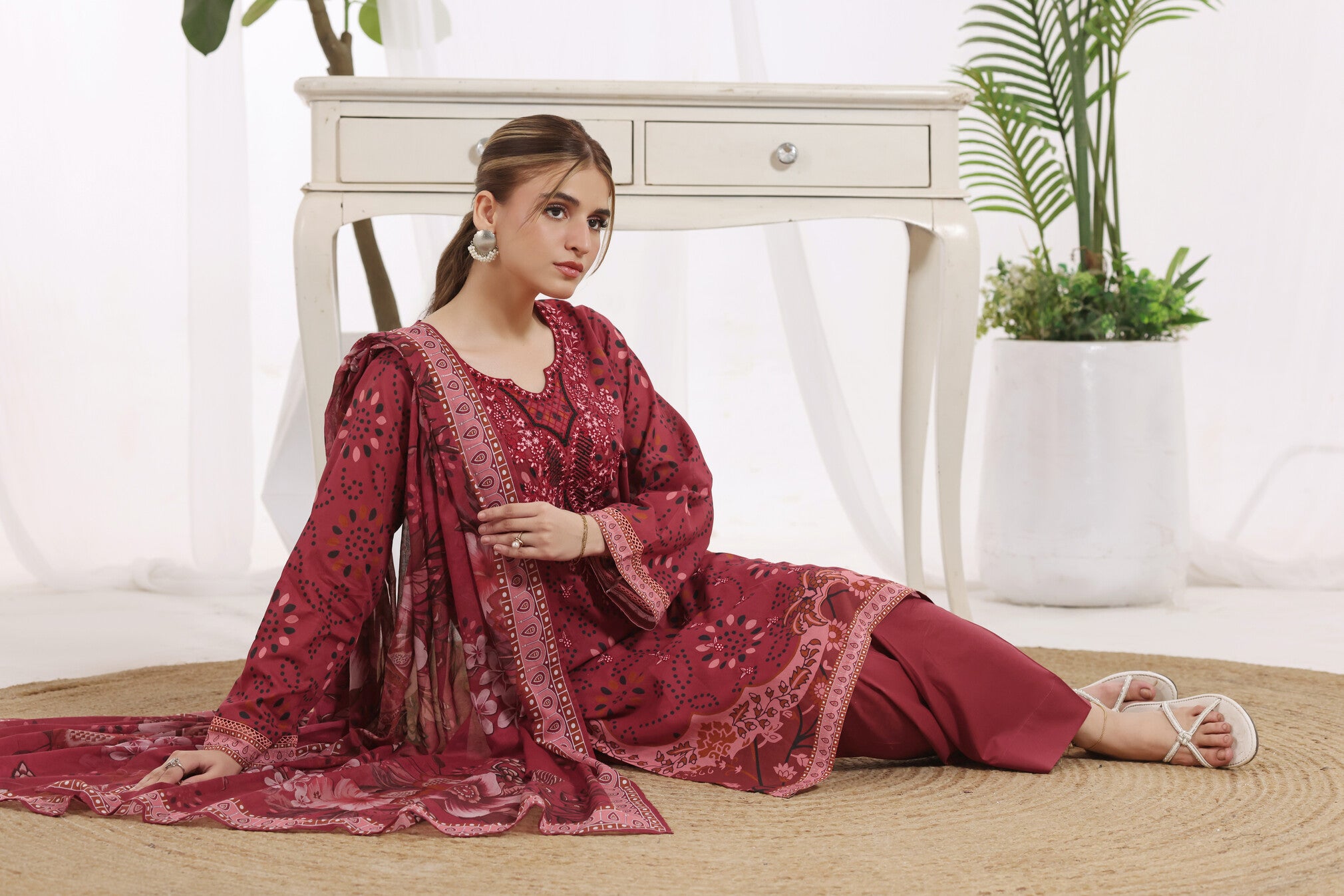 Sunehri Cherry Red, Digital Printed Embroidered Lawn 3 Piece
