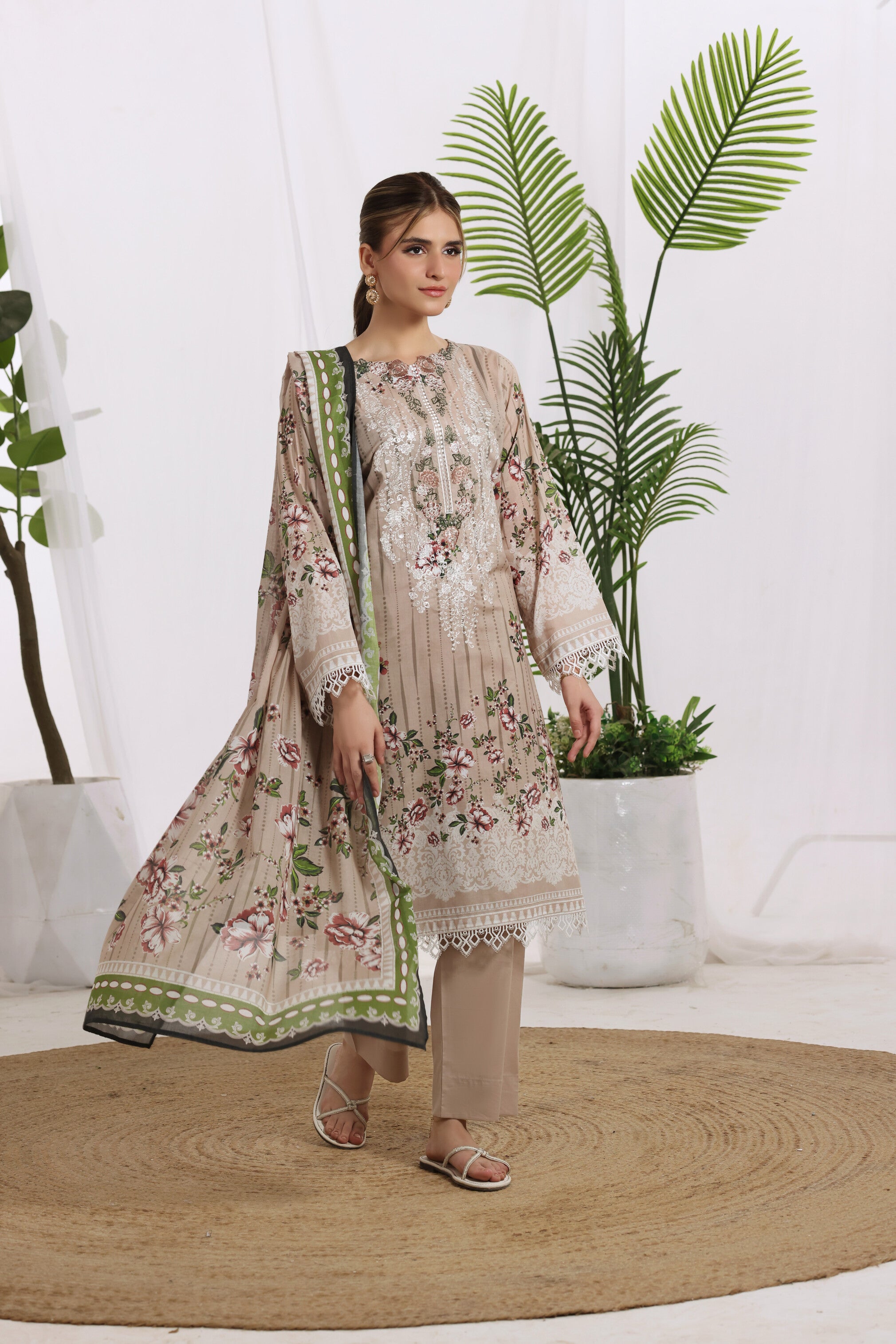 Sunehri Sandstone Beige, Digital Printed Embroidered Lawn 3 Piece