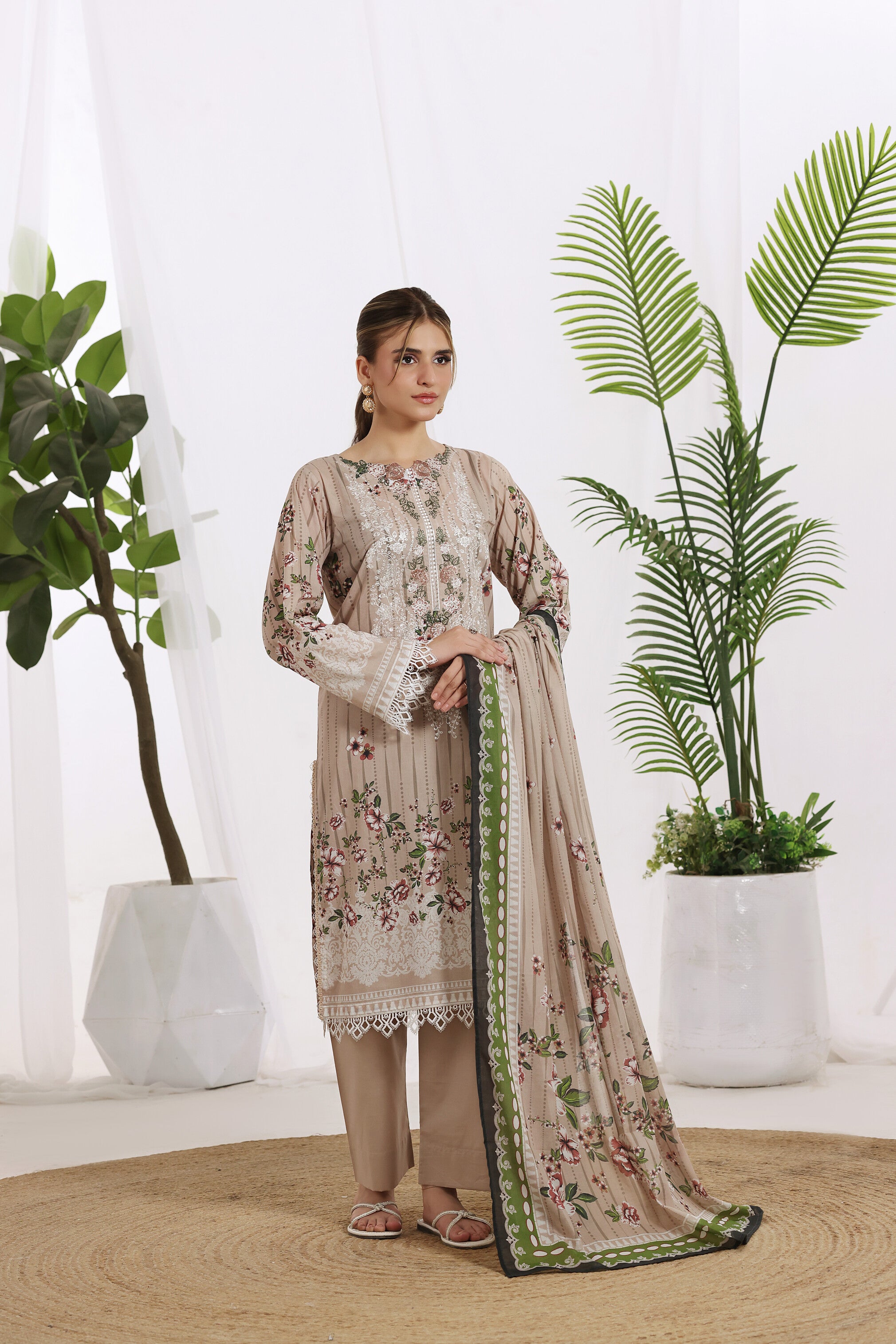 Sunehri Sandstone Beige, Digital Printed Embroidered Lawn 3 Piece