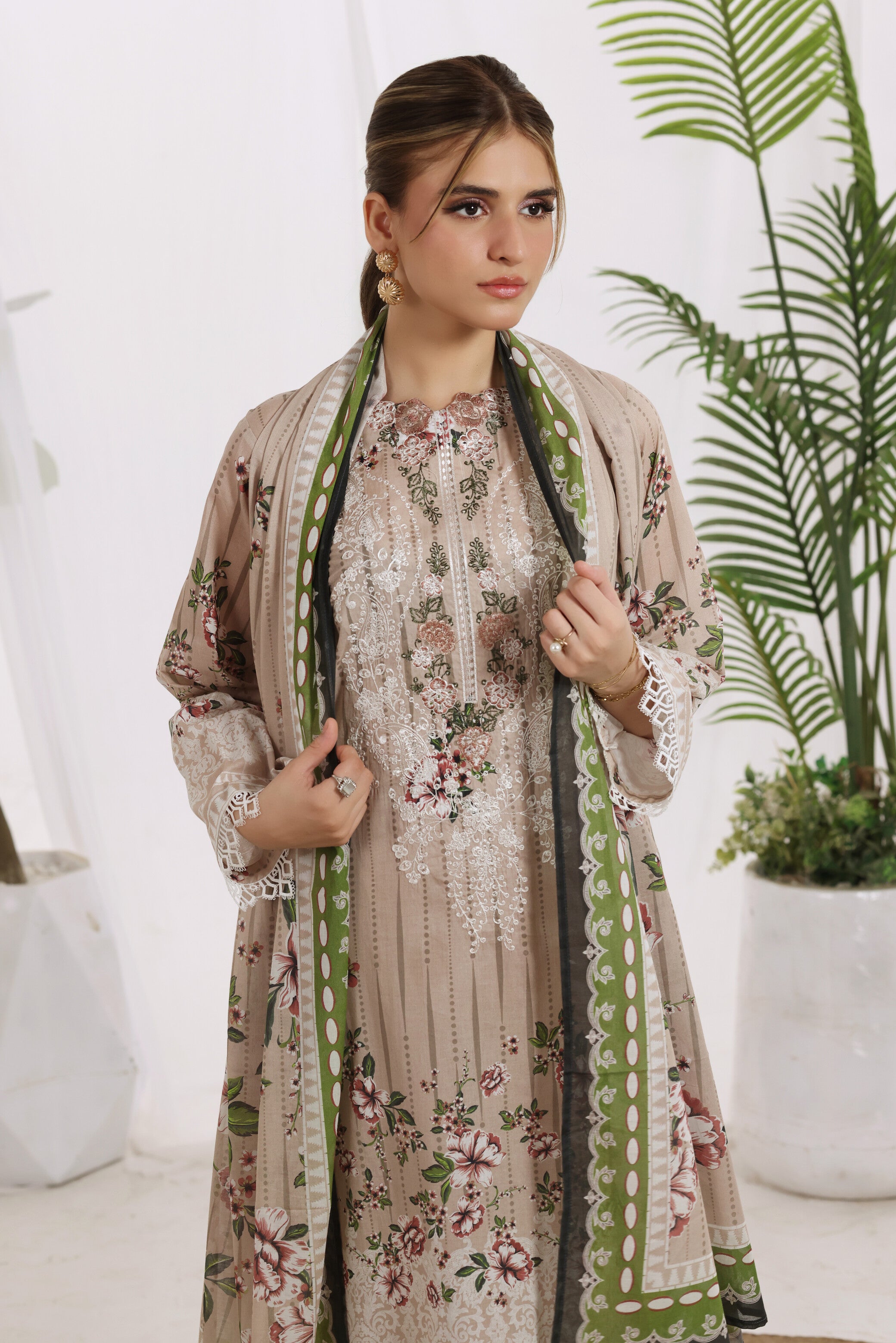 Sunehri Sandstone Beige, Digital Printed Embroidered Lawn 3 Piece