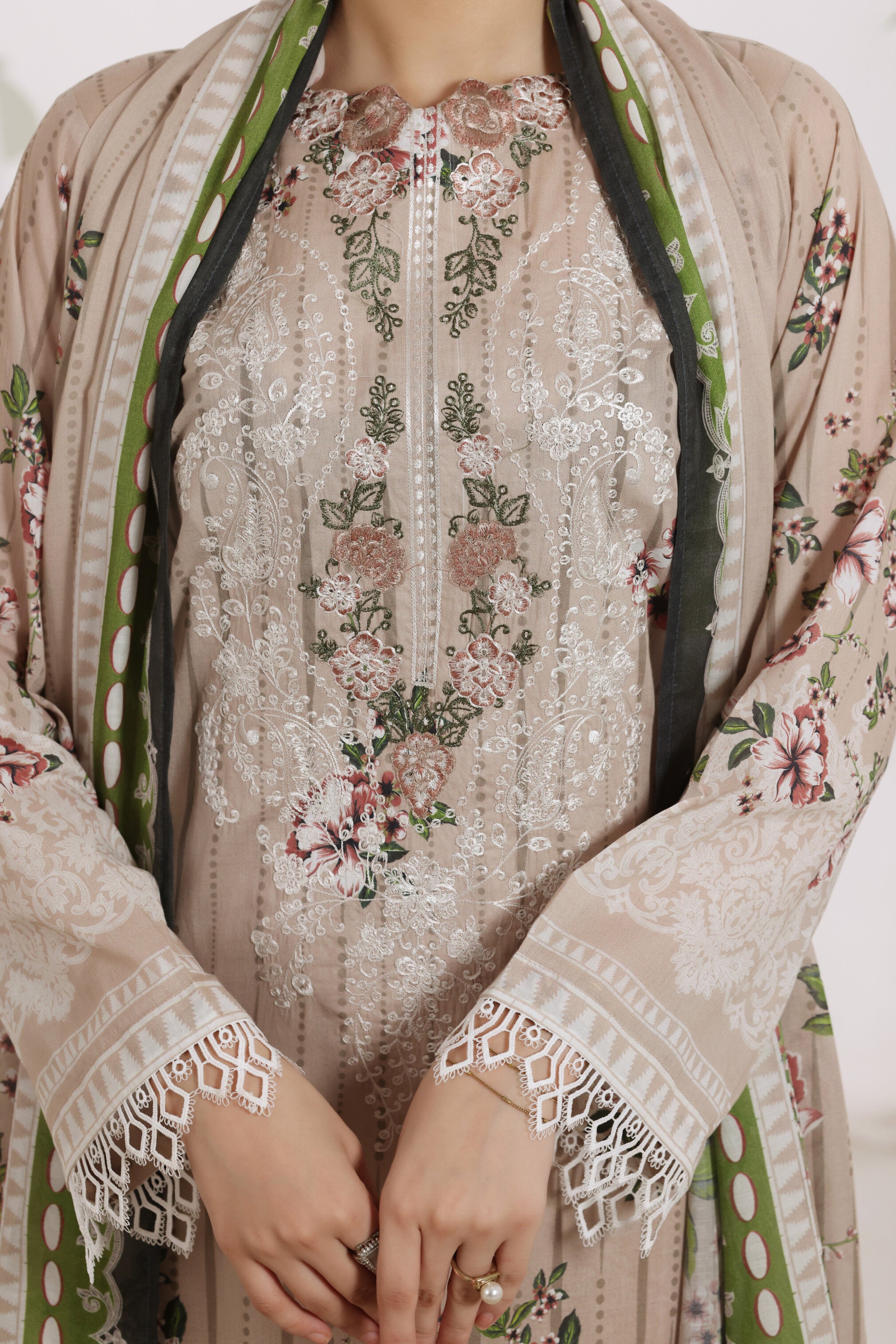 Sunehri Sandstone Beige, Digital Printed Embroidered Lawn 3 Piece